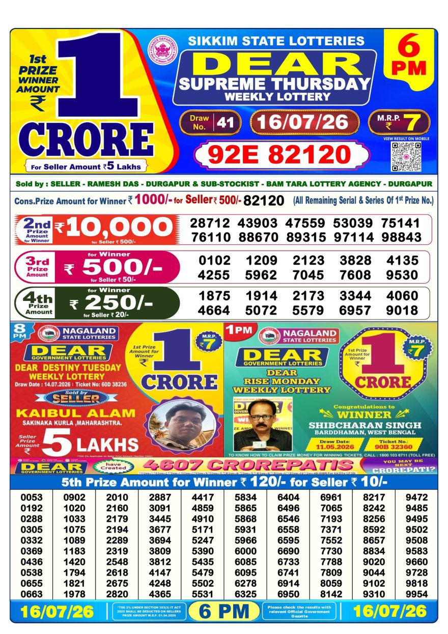 Dear Supreme Thursday Weekly 6pm Result 16.07.2026