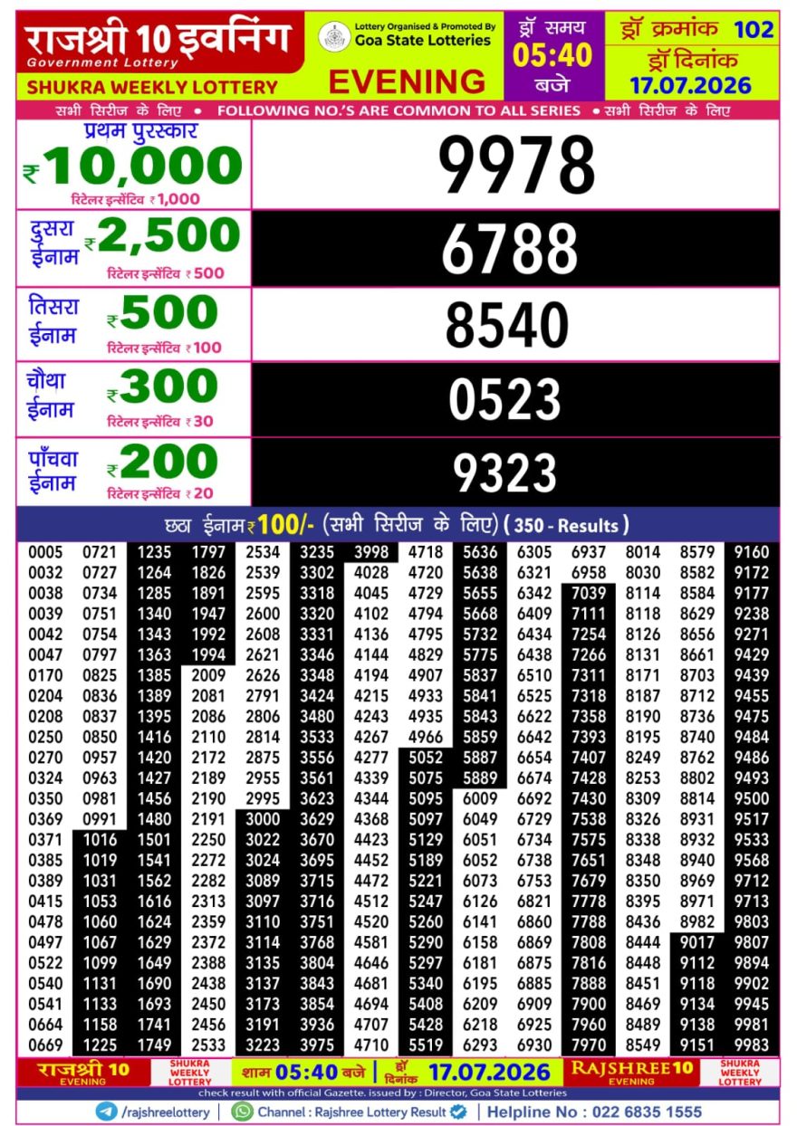Rajshree 10 Evening Friday 5:40pm Result 17.07.2026