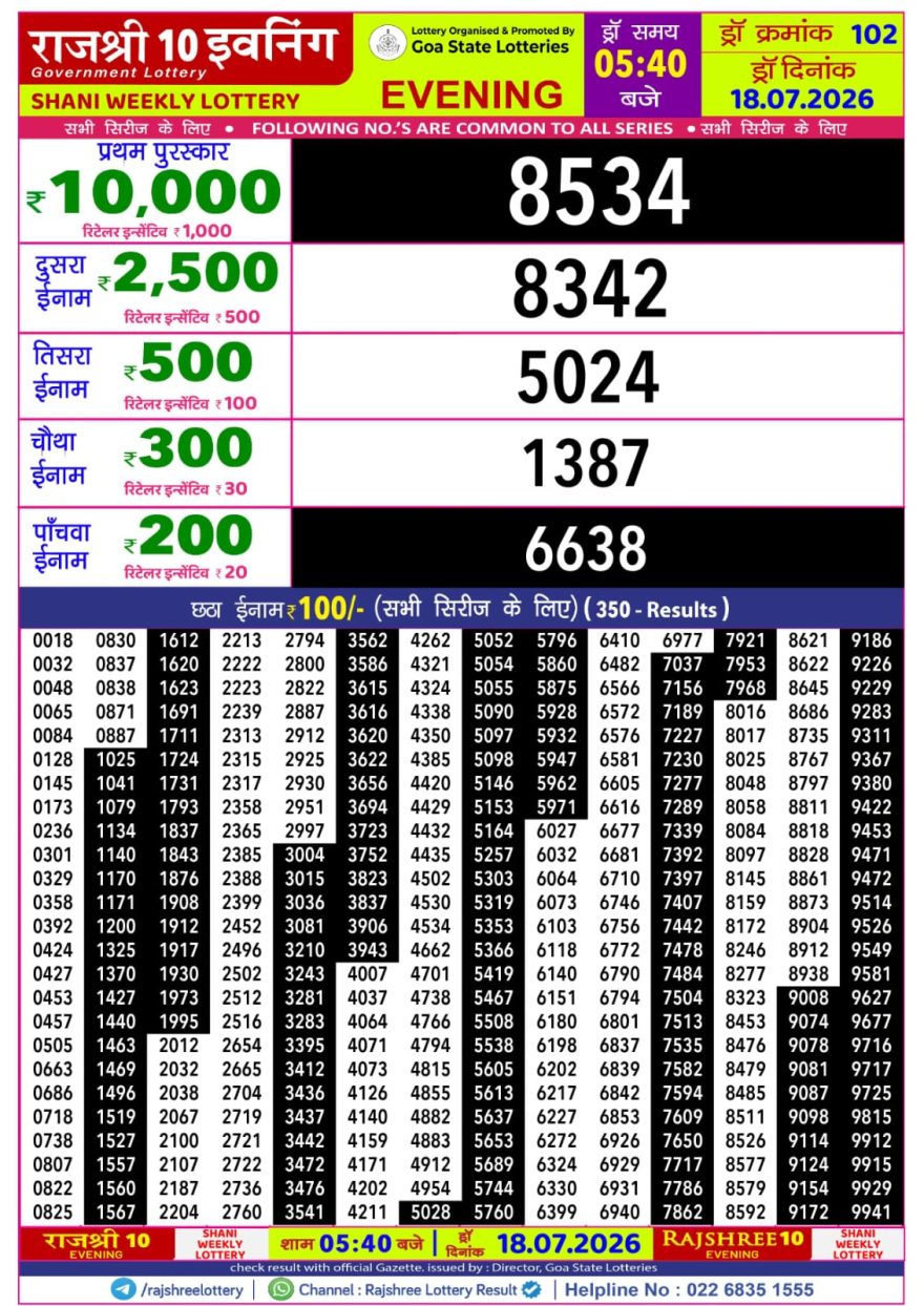 Rajshree 10 Evening Saturday 5:40pm Result 18.07.2026