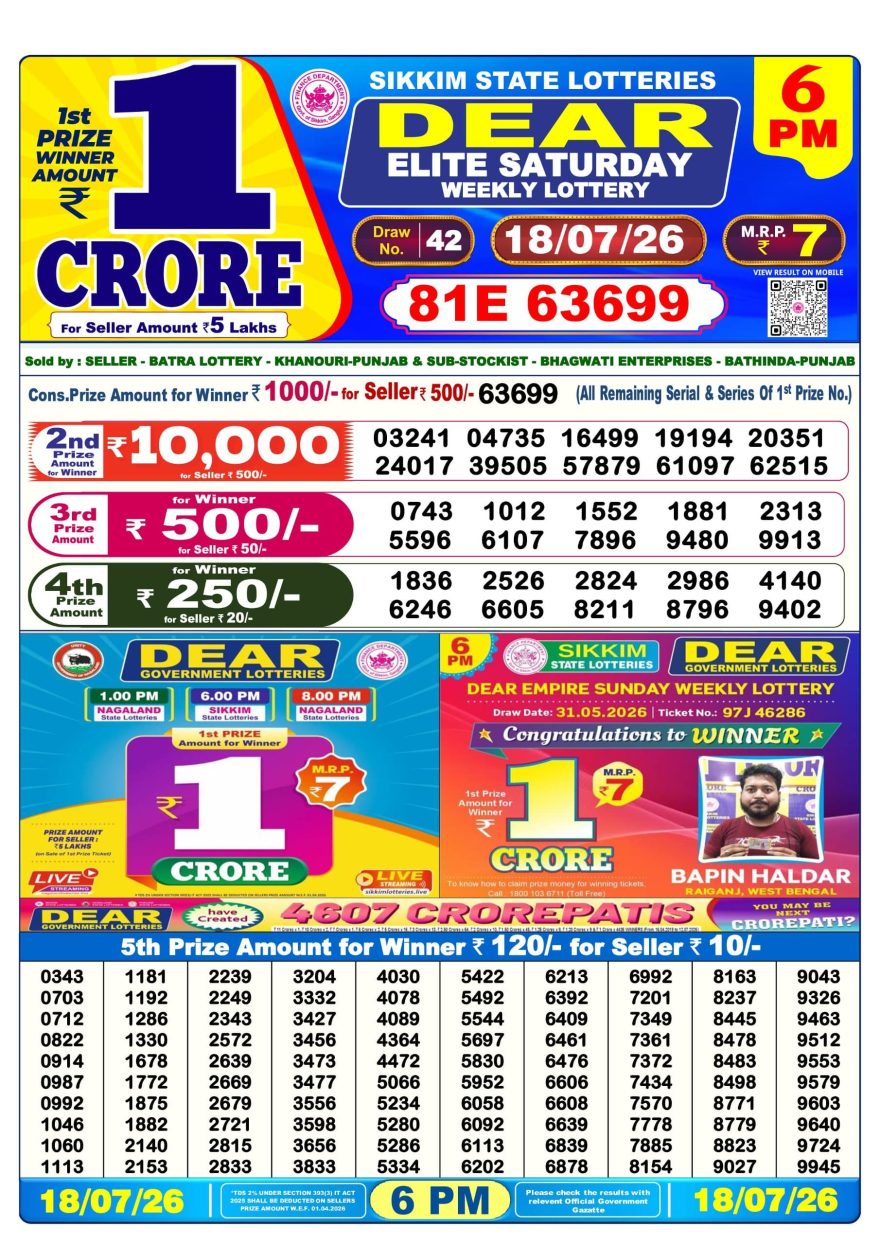 Dear Elite Saturday Weekly 6pm Result 18.07.2026