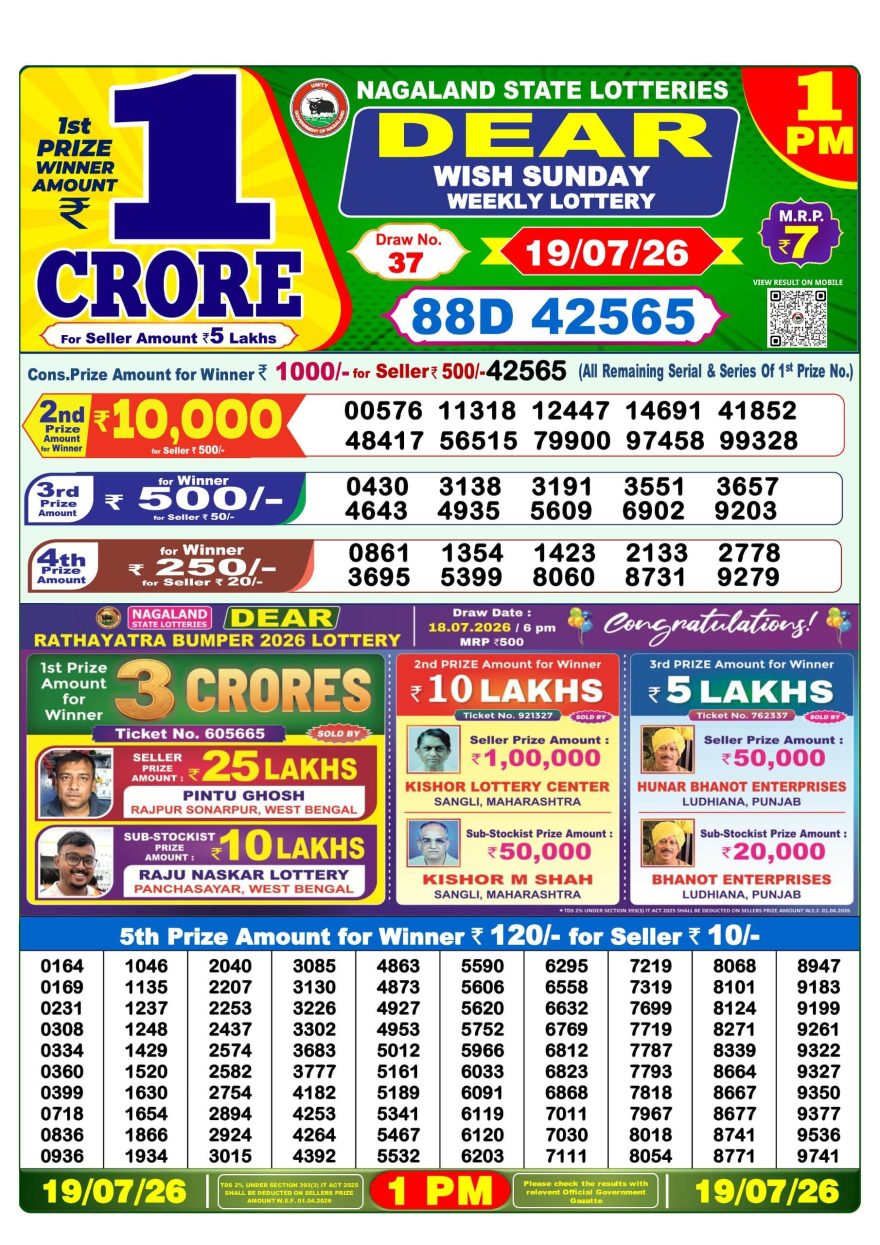 Dear Wish Sunday Weekly 1pm Result 19.07.2026
