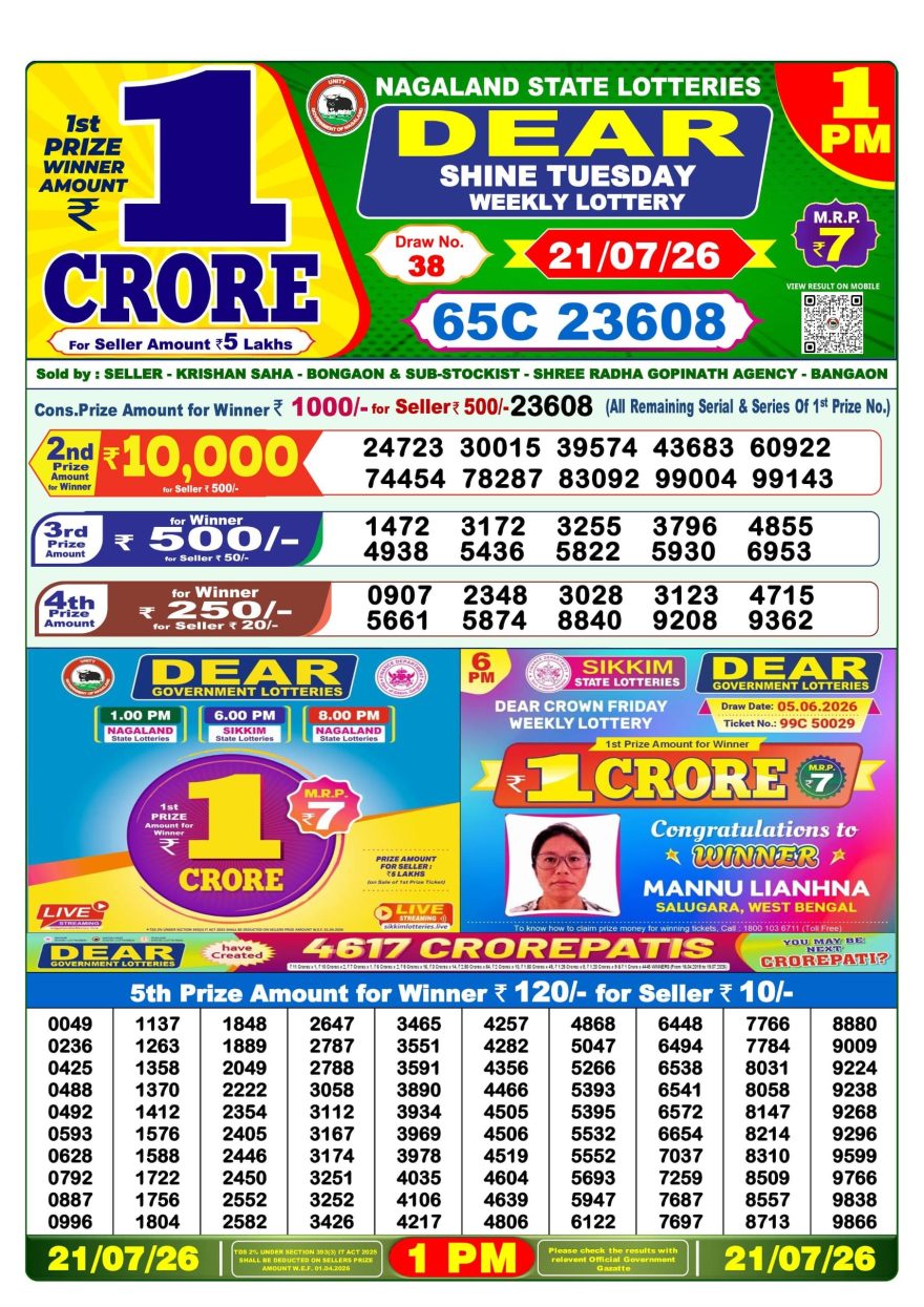 Dear Shine Tuesday Weekly 1pm Result 21.07.2026