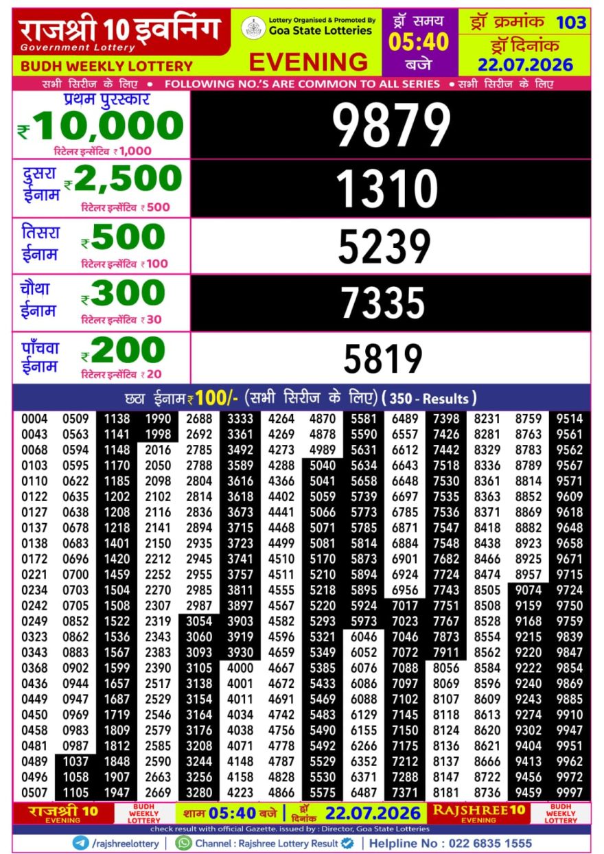Rajshree 10 Evening Wednesday 5:40pm Lottery Result 22.07.2026