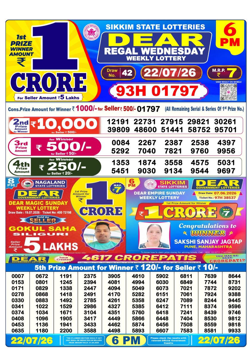 Dear Regal Wednesday Weekly Lottery 6pm Result 22.07.2026