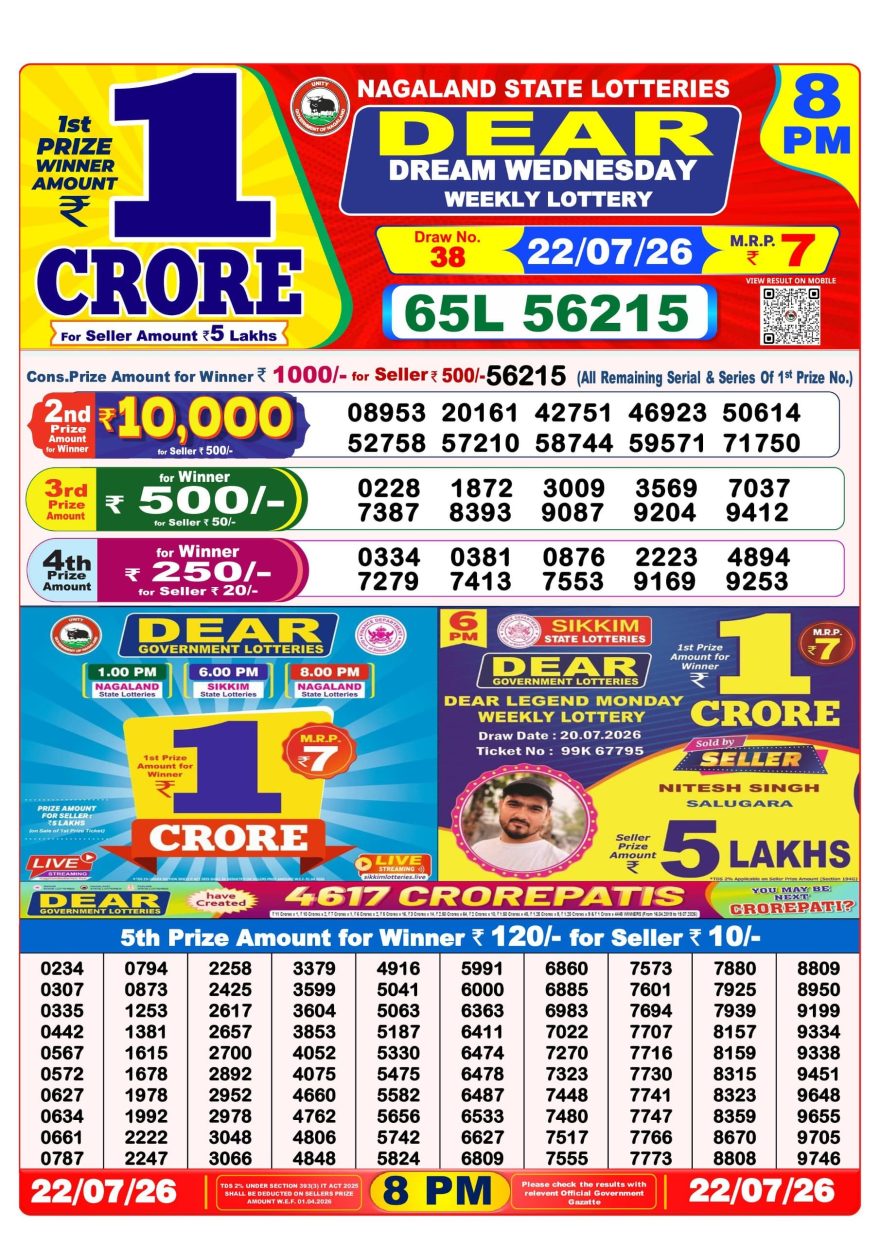 Dear Dream Weekly Lottery 8pm Result 22.07.2026
