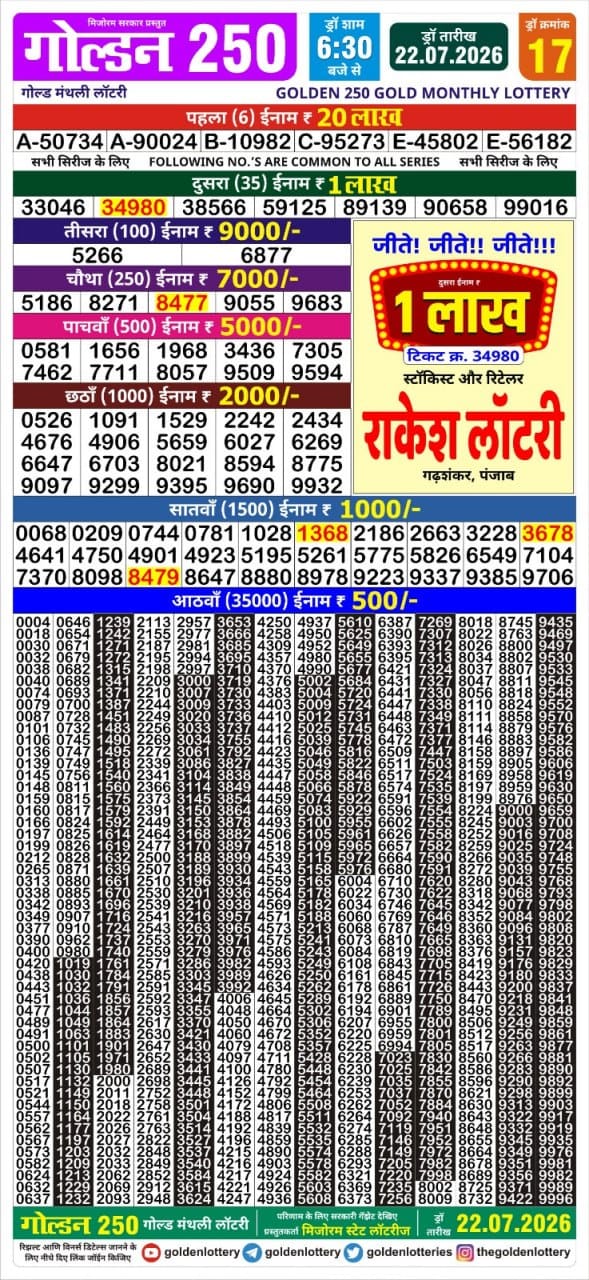 Golden 250 Monthly Lottery Result Live 22.07.2026
