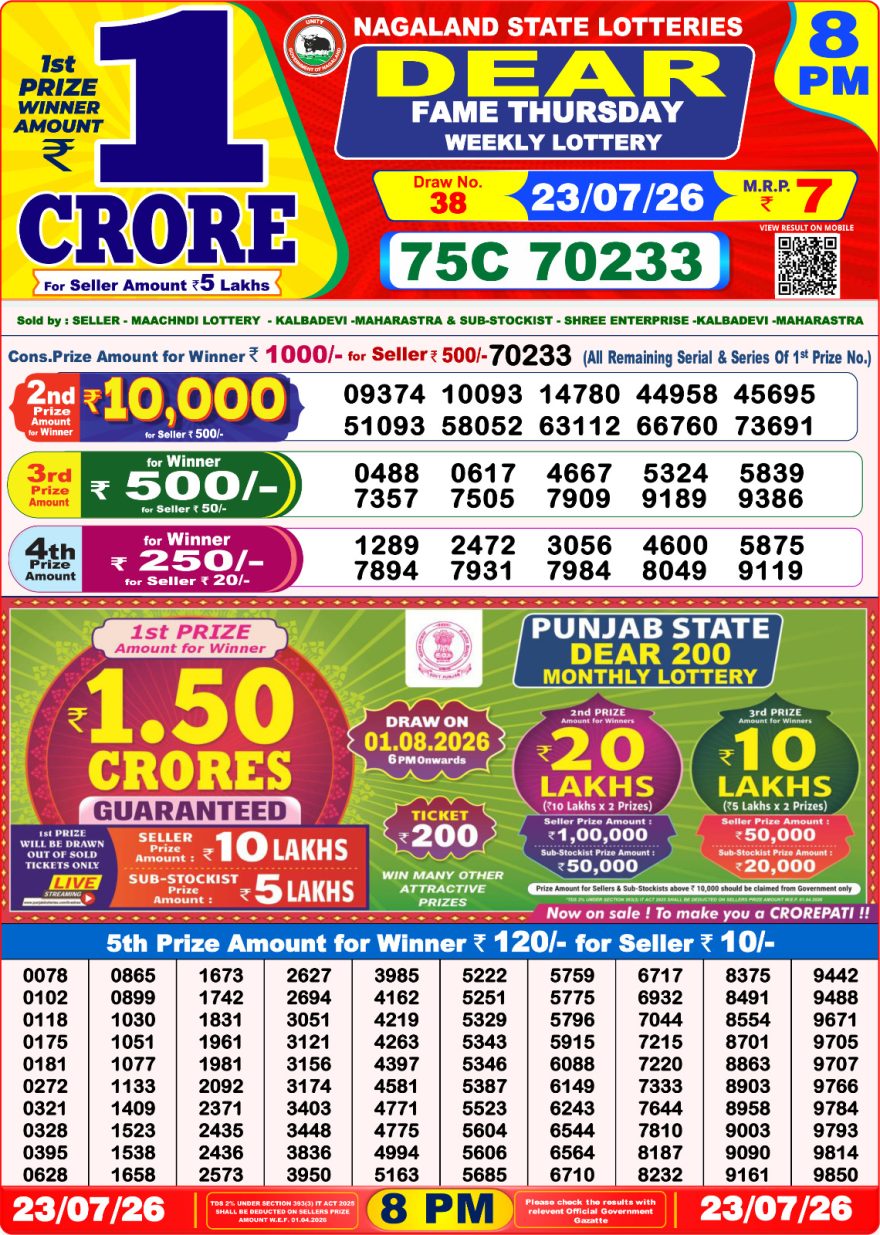 Dear Fame Thursday Weekly Lottery 8pm Result 23.07.2026