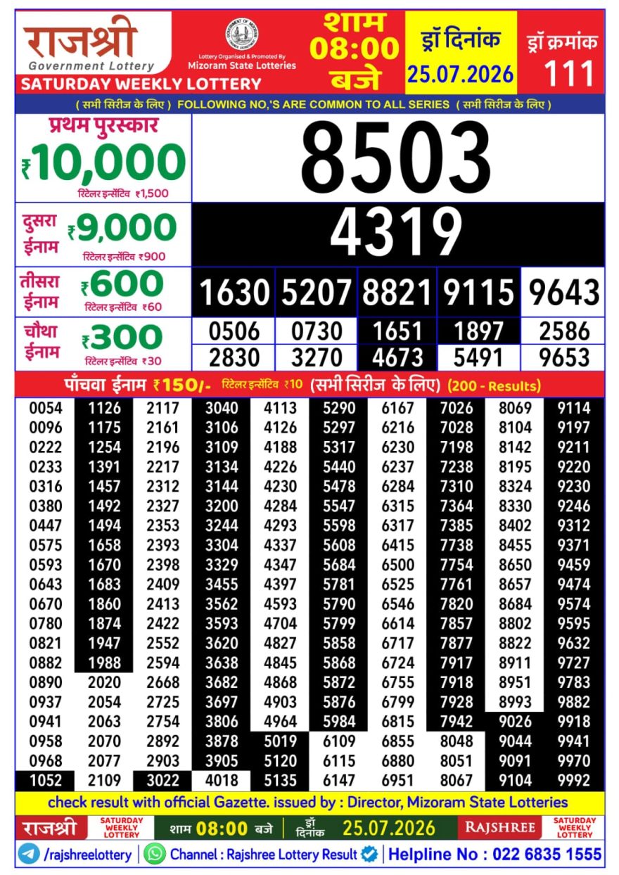 Rajshree Weekly Lottery 8pm Result 25.07.2026