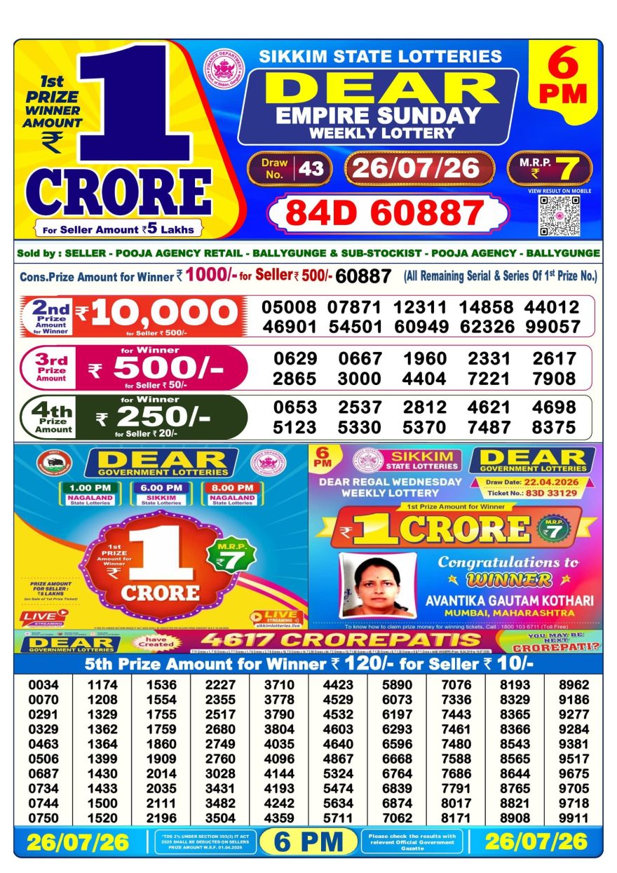 Dear Empire Sunday Weekly 6pm Result 26.07.2026