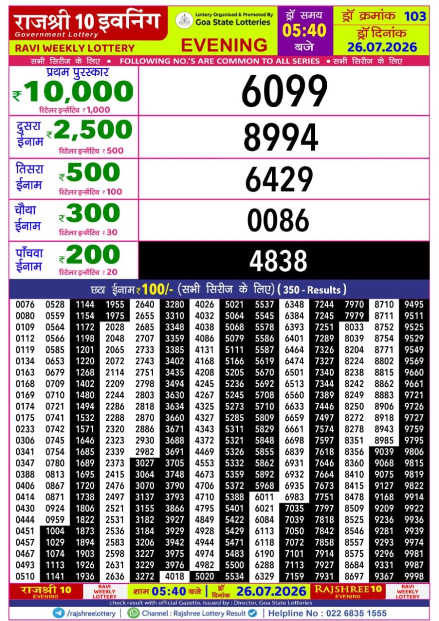 Rajshree 10 Evening Sunday 5:40pm Result 26.07.2026