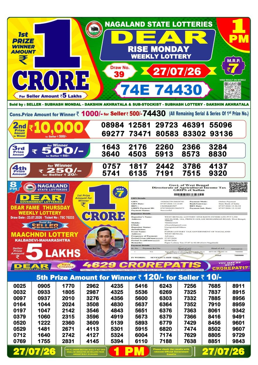 Dear Rise Monday Weekly 1pm Result 27.07.2026