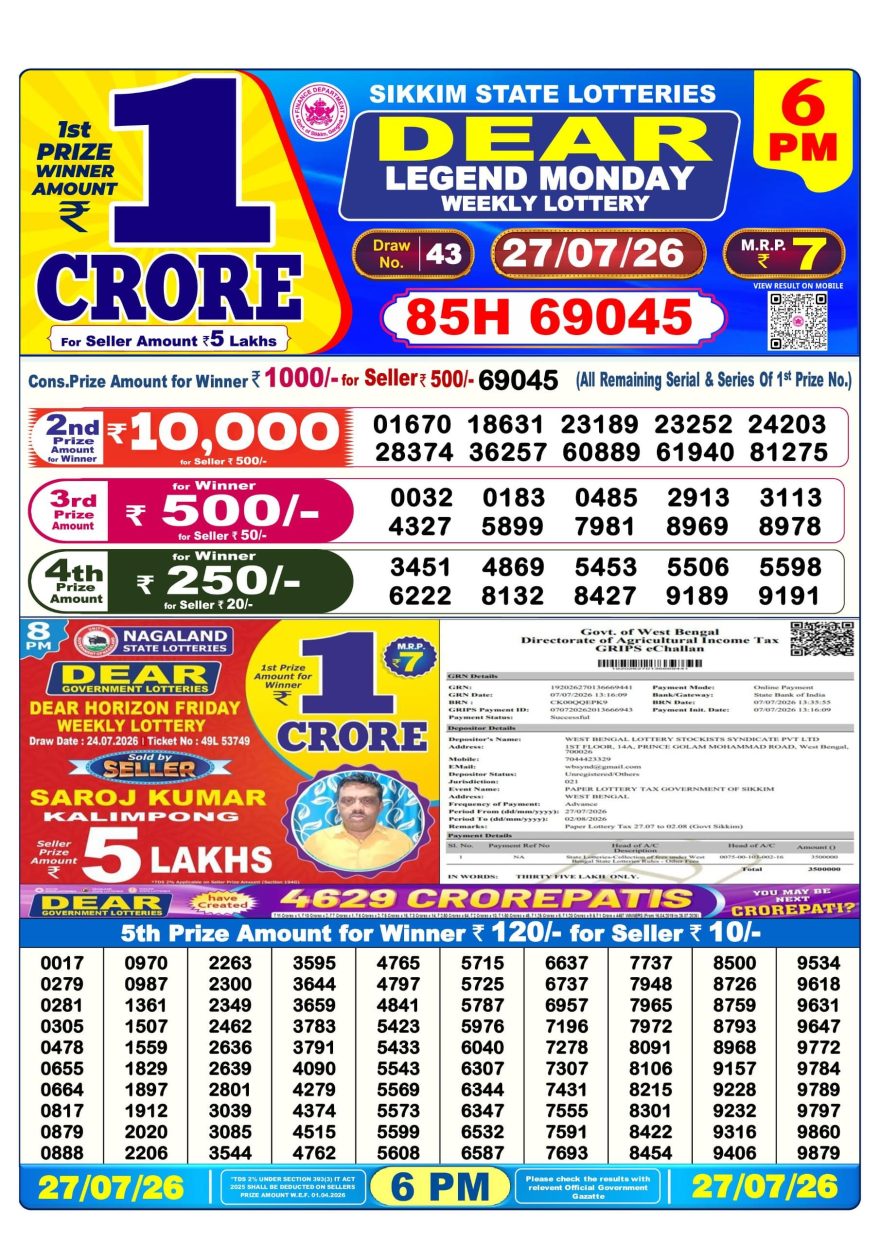 Dear Legend Monday Weekly 6pm Result 27.07.2026