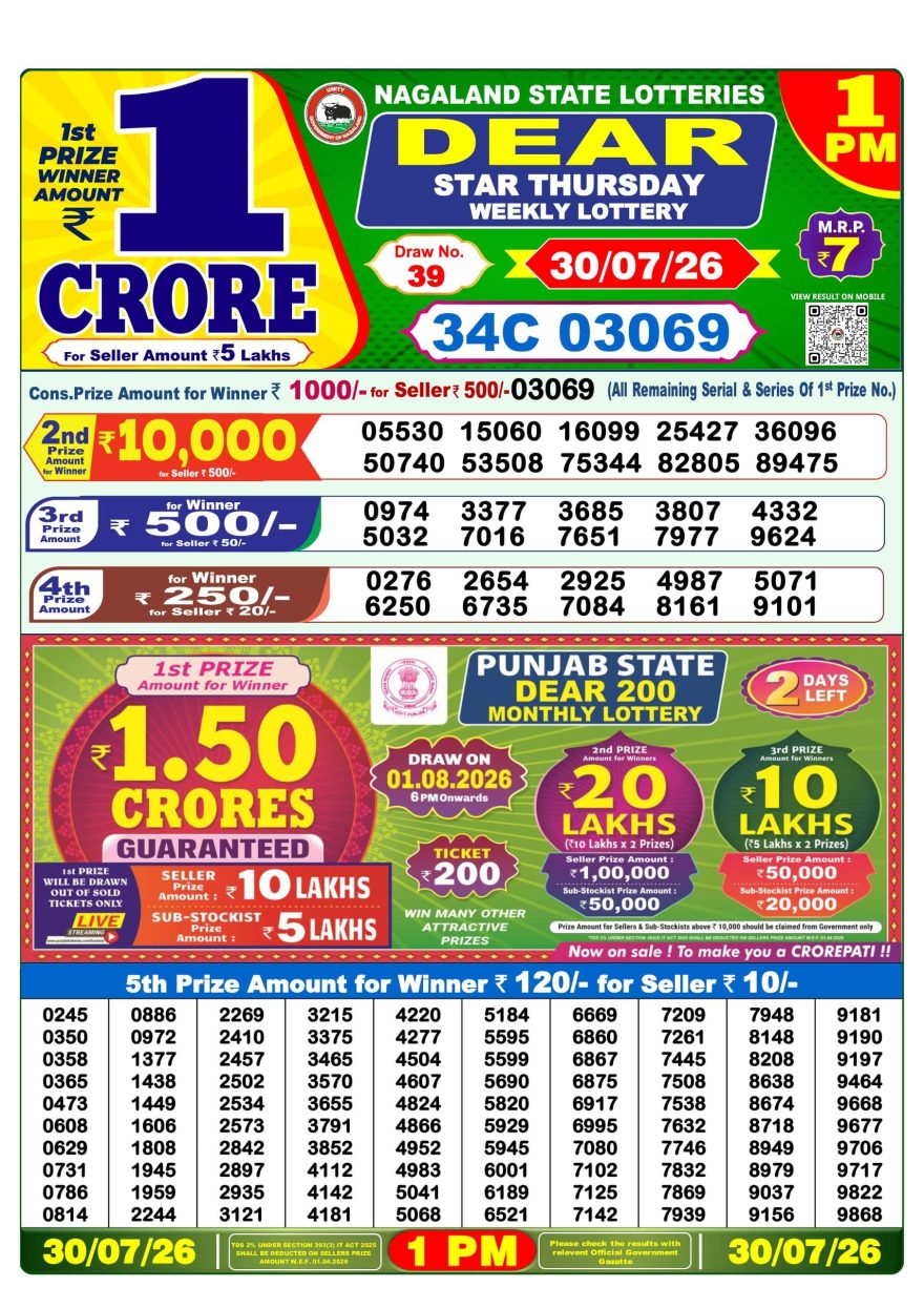 Dear Star Thursday Weekly 1pm Result 30.07.2026
