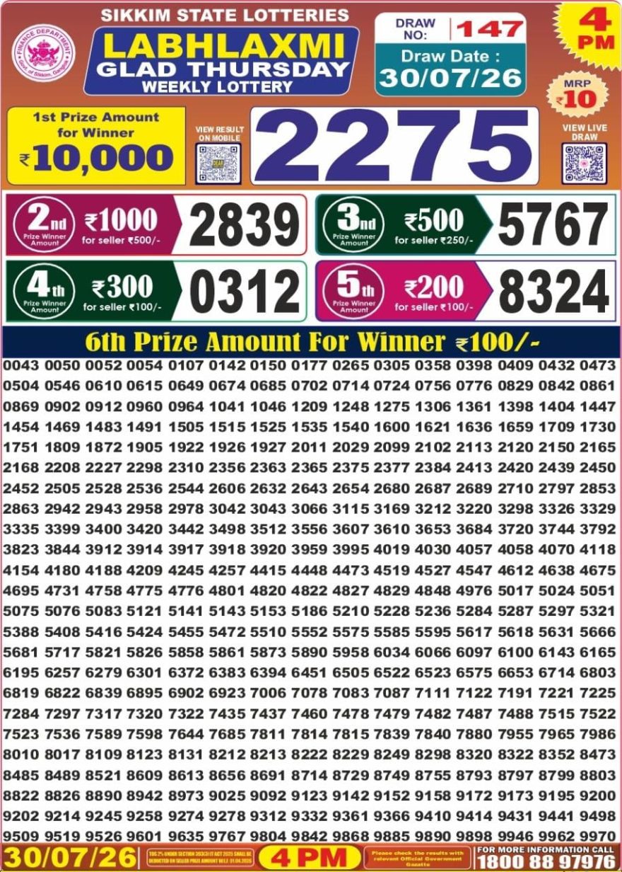 Labh Laxmi Glad Weekly 4pm Result 30.07.2026