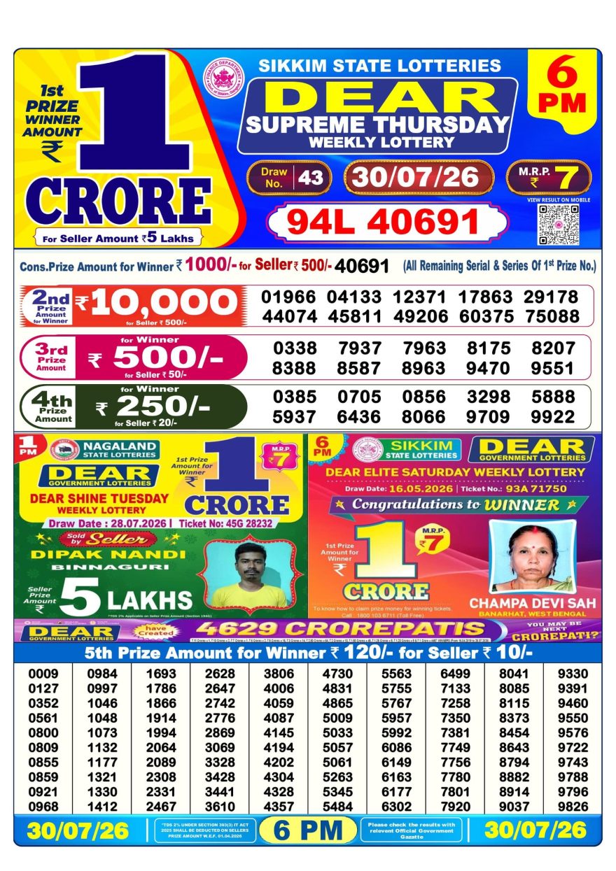 Dear Supreme Thursday Weekly 6pm Result 30.07.2026