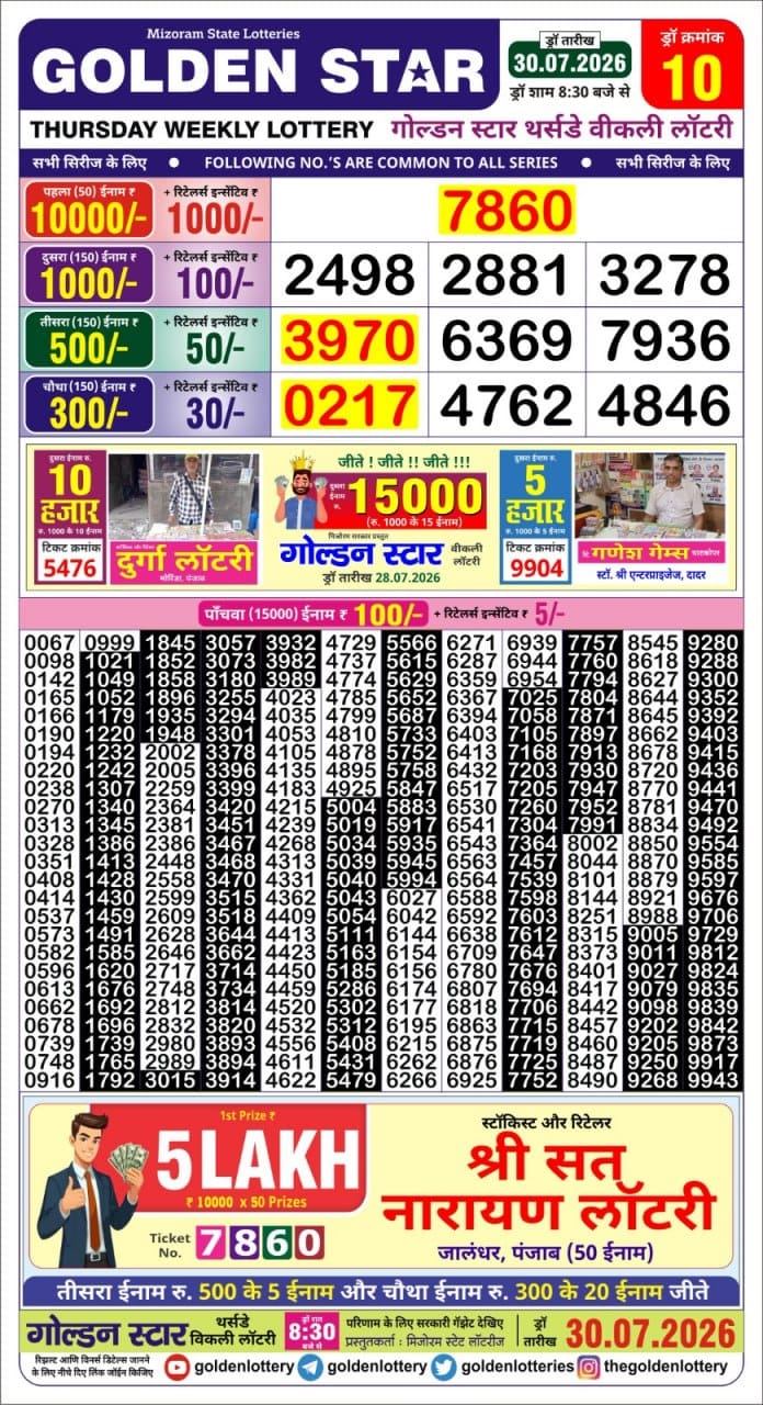 Golden Star Weekly Lottery Result 8:30PM 30.07.2026