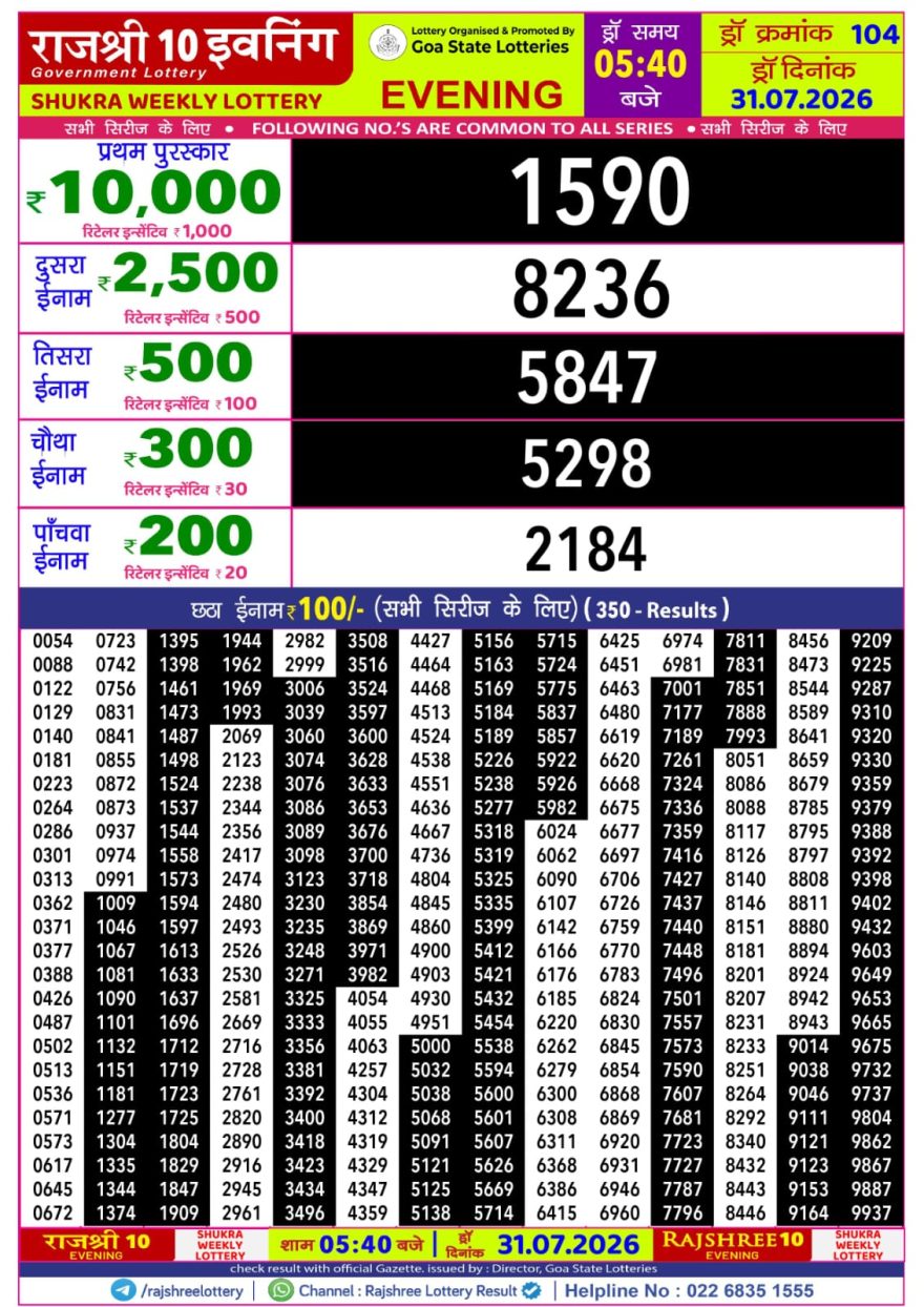 Rajshree 10 Evening Friday 5:40pm Result 31.07.2026