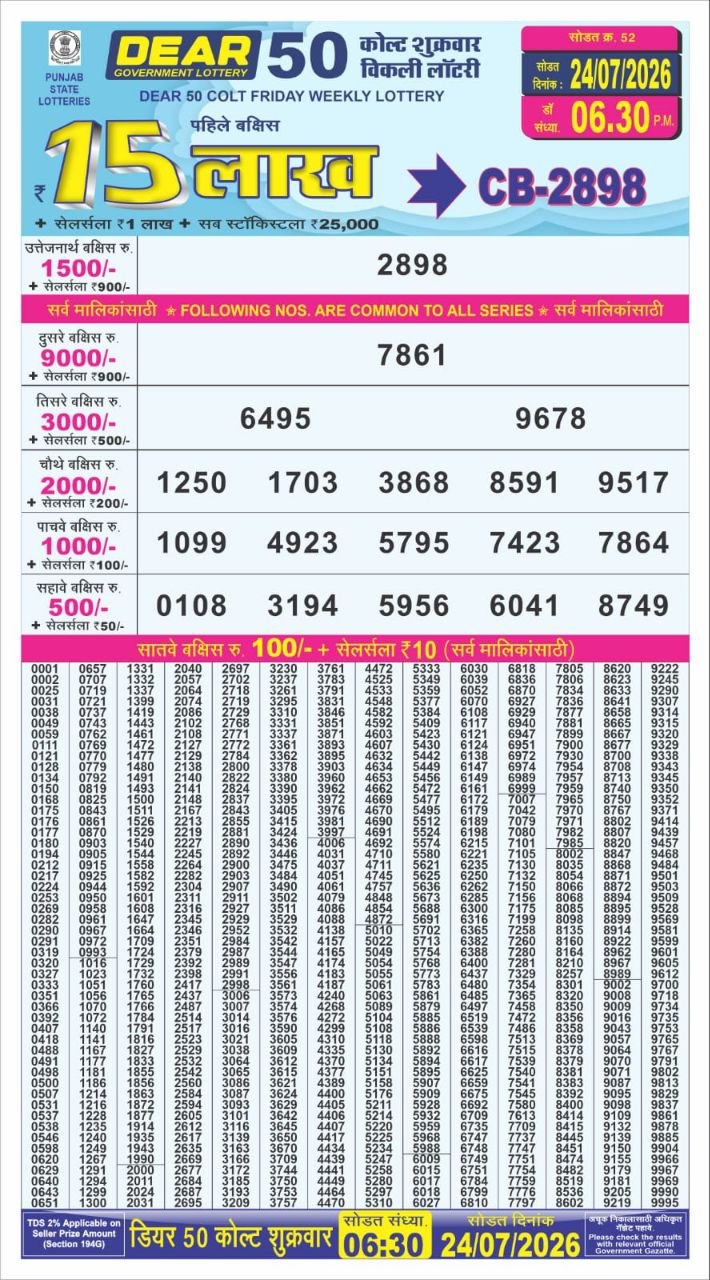 Punjab State Dear 50 6:30pm Lottery Result 24.07.2026