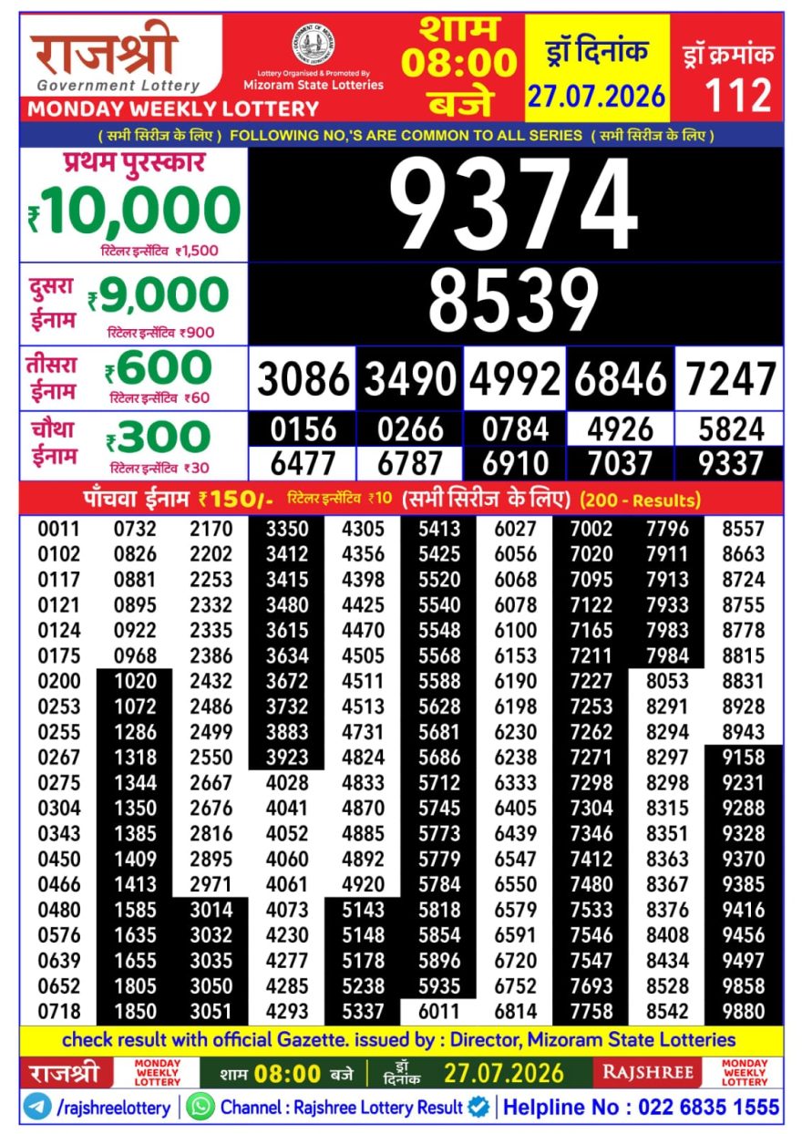 Rajshree Weekly Lottery 8pm Result 27.07.2026