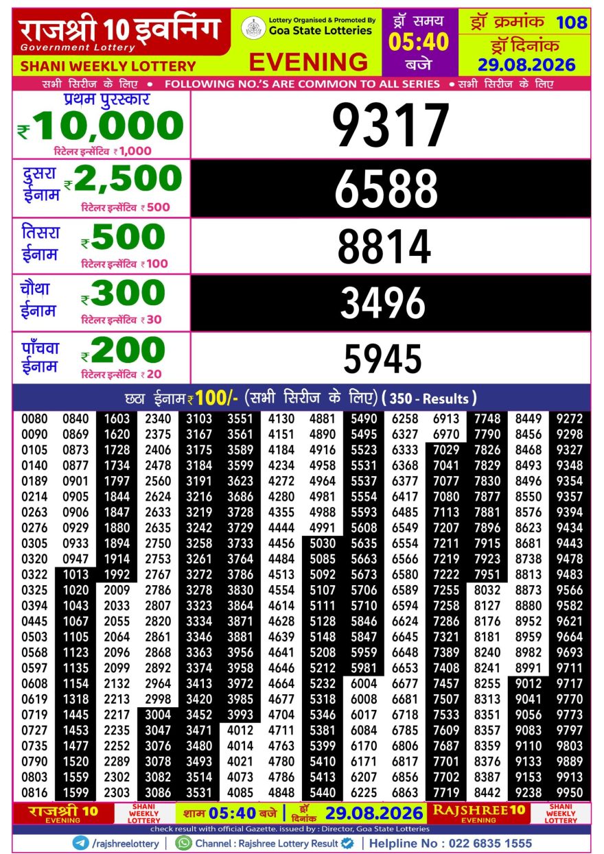 Rajshree 10 Evening Saturday 5:40pm Result 29.08.2026
