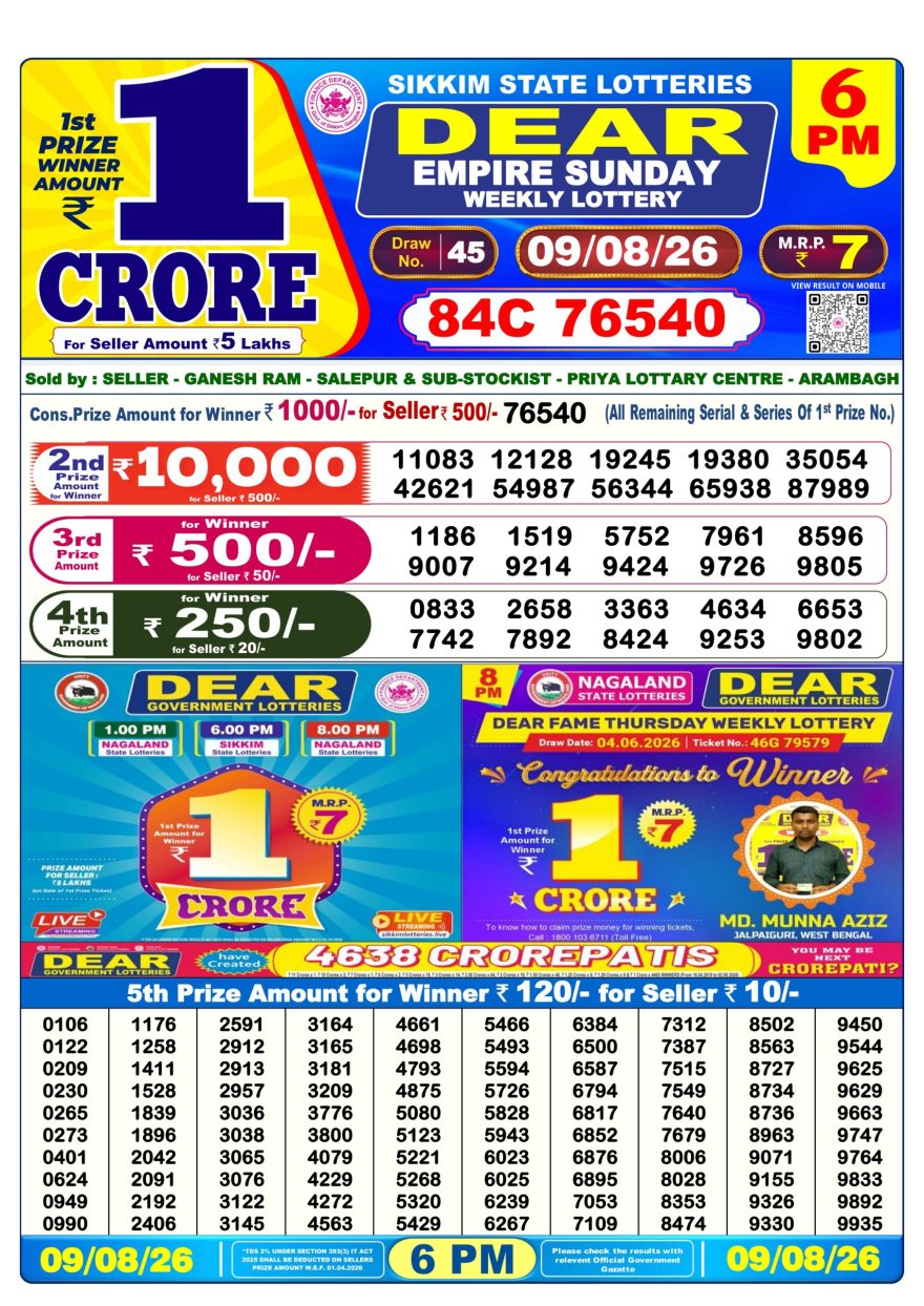 Dear Empire Sunday Weekly 6pm Result 09.08.2026
