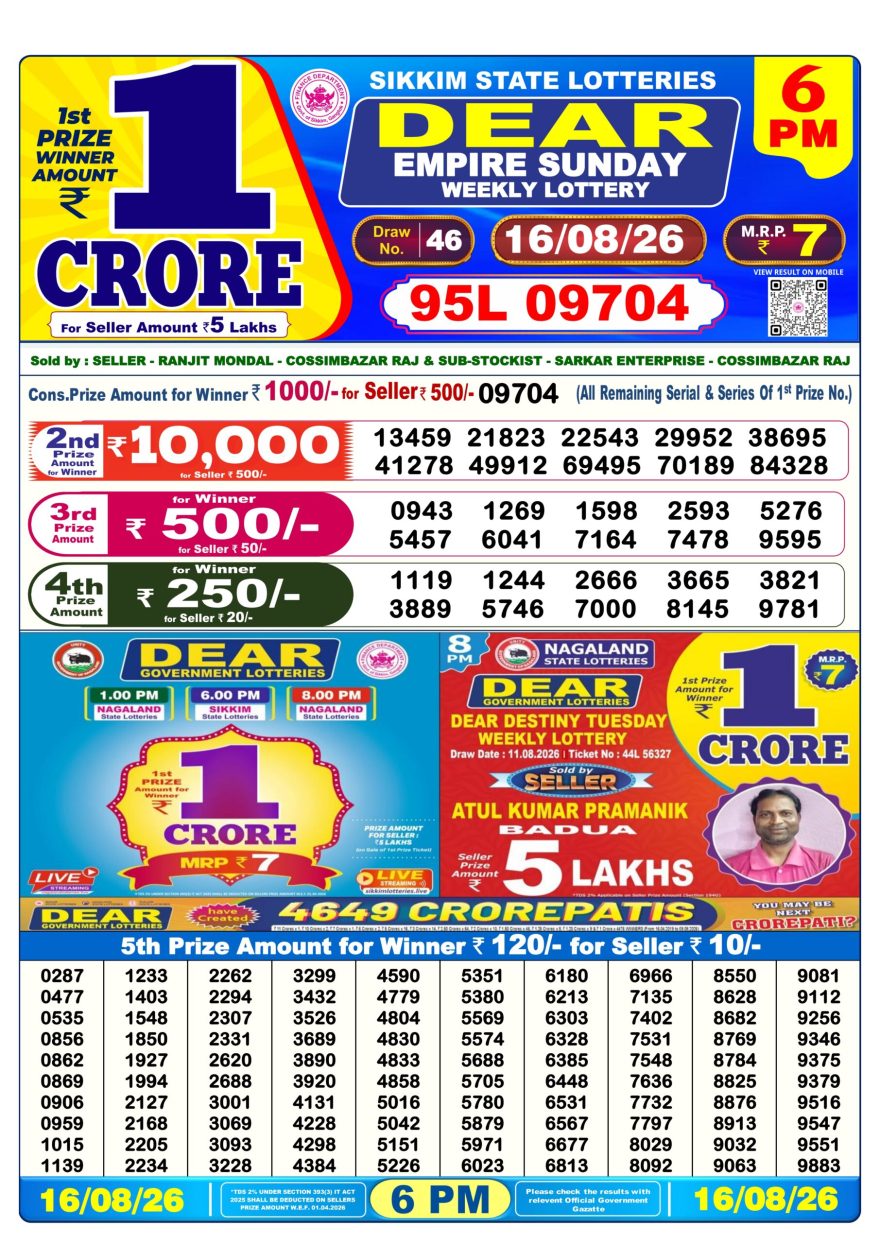 Dear Empire Sunday Weekly 6pm Result 16.08.2026