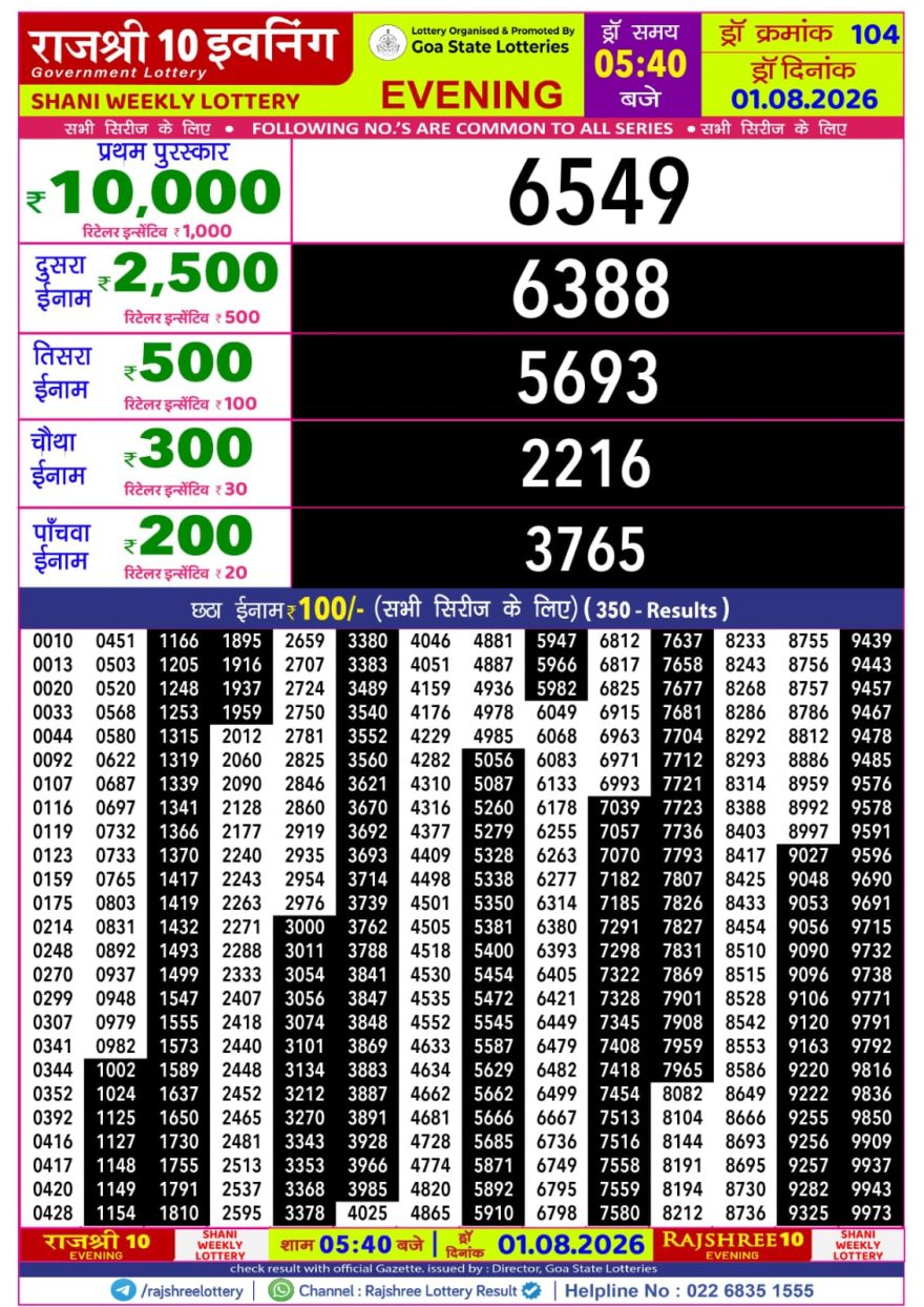 Rajshree 10 Evening Saturday 5:40pm Result 01.08.2026