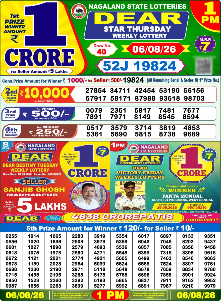 Dear Star Thursday Weekly 1pm Result 06.08.2026