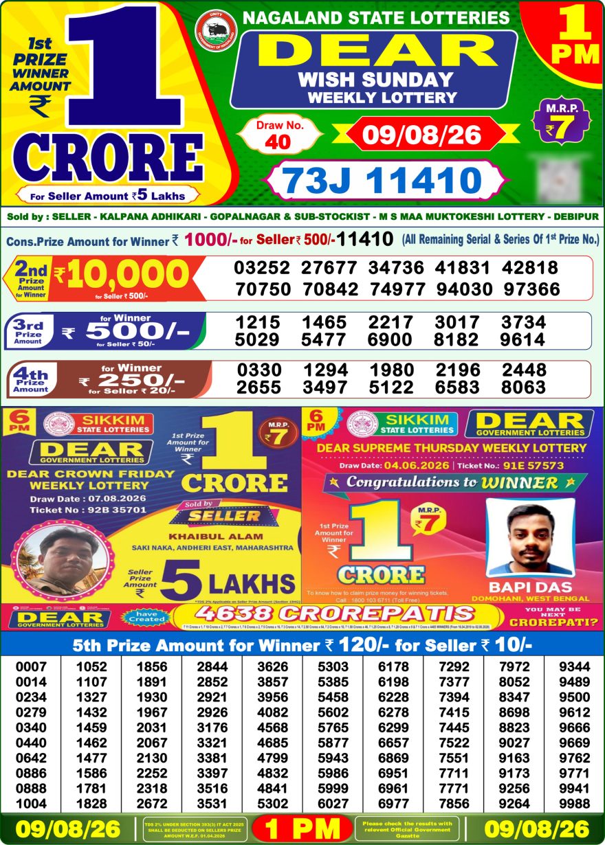 Dear Wish Sunday Weekly 1pm Result 09.08.2026