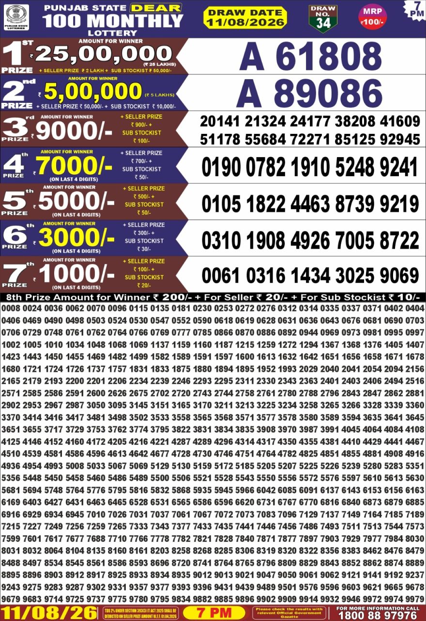 Punjab State Dear 100 Monthly Lottery Result 11.08.2026