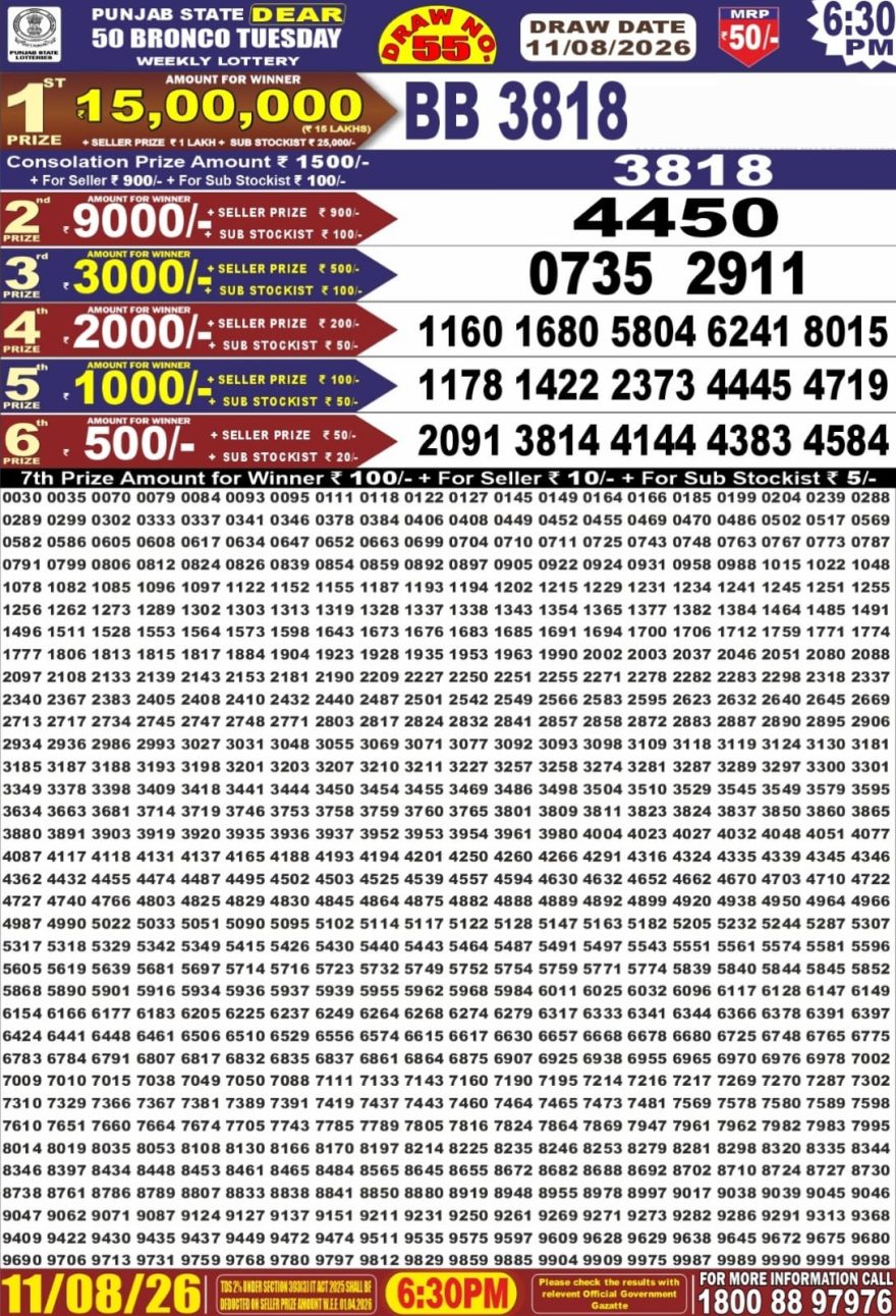Punjab State Dear 50 6:30pm Lottery Result 11.08.2026