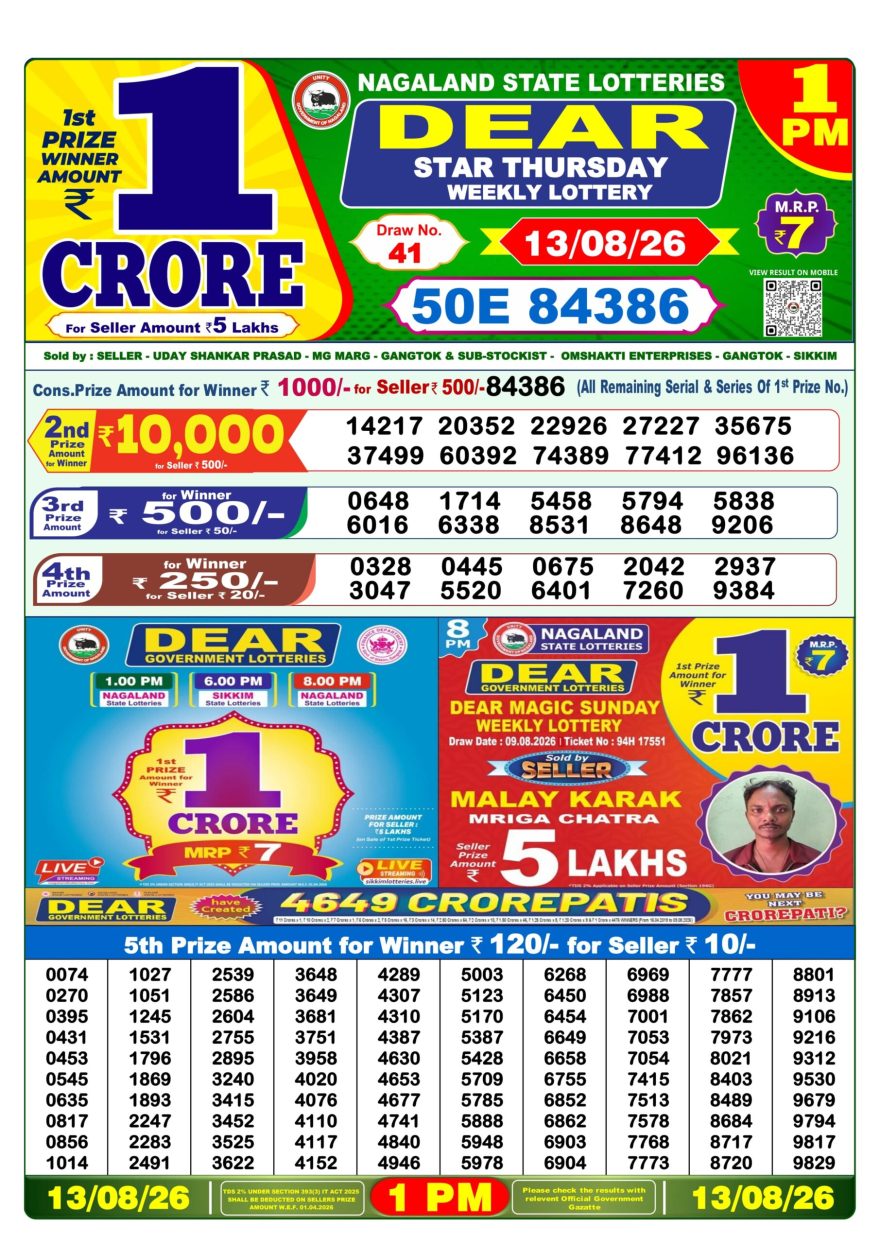 Dear Star Thursday Weekly 1pm Result 13.08.2026