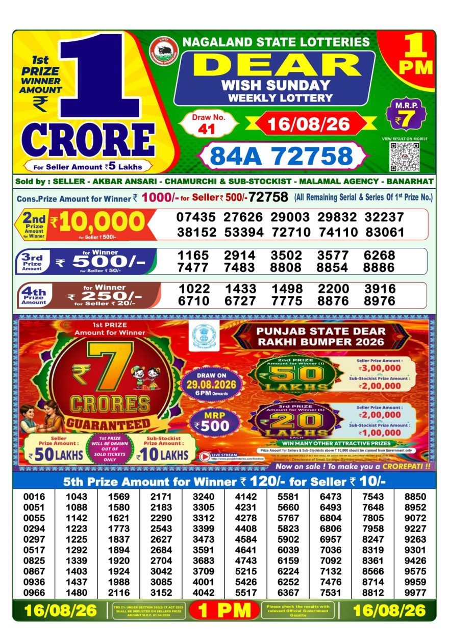 Dear Wish Sunday Weekly 1pm Result 16.08.2026
