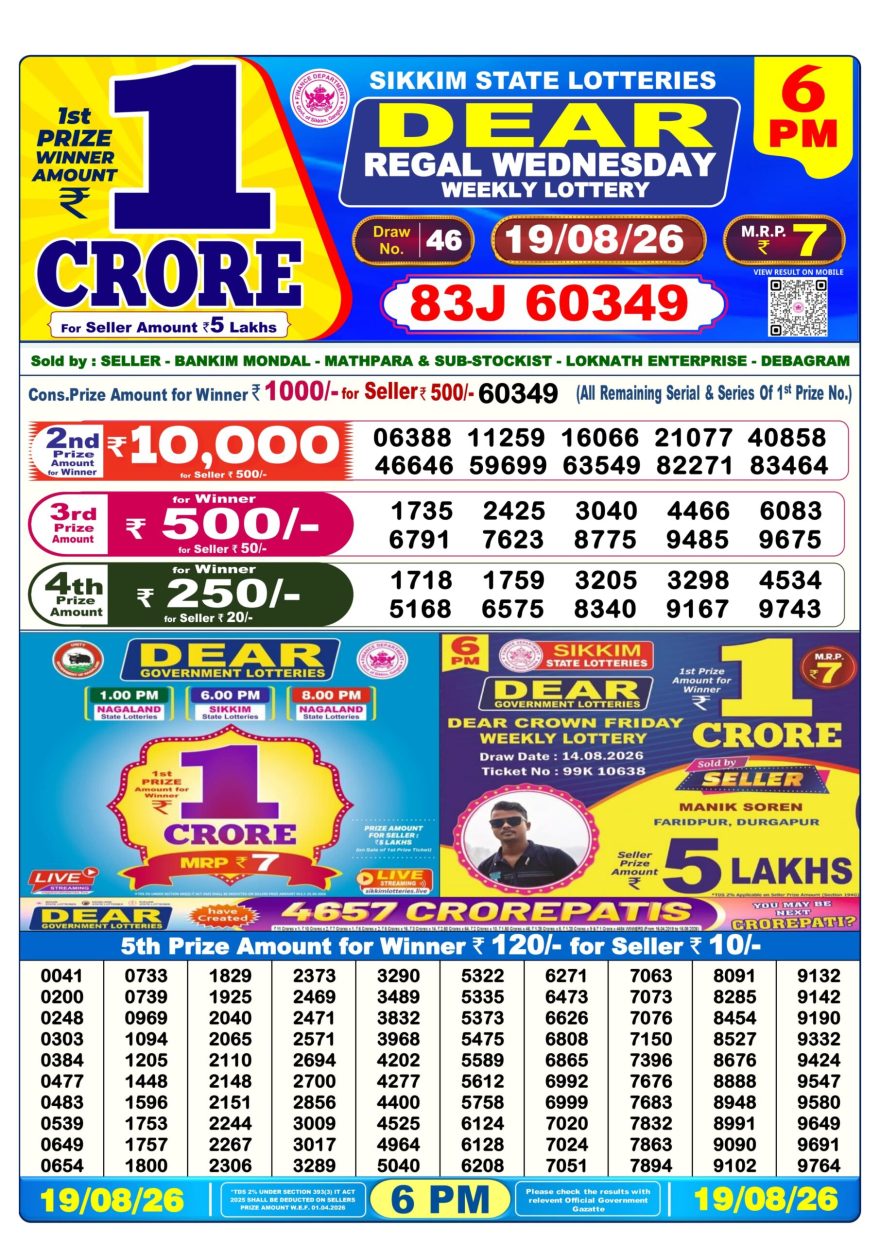 Dear Regal Wednesday Weekly Lottery 6pm Result 19.08.2026