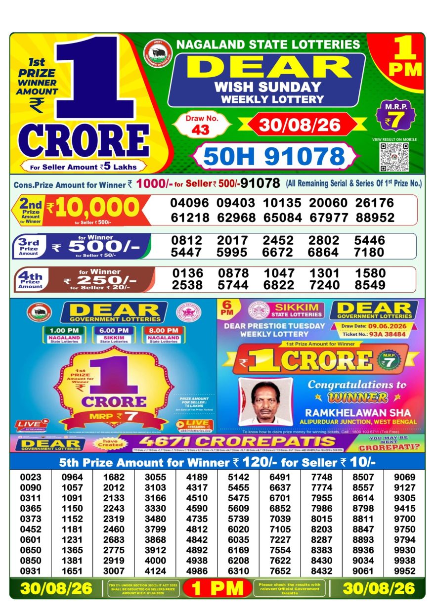 Dear Wish Sunday Weekly 1pm Result 30.08.2026
