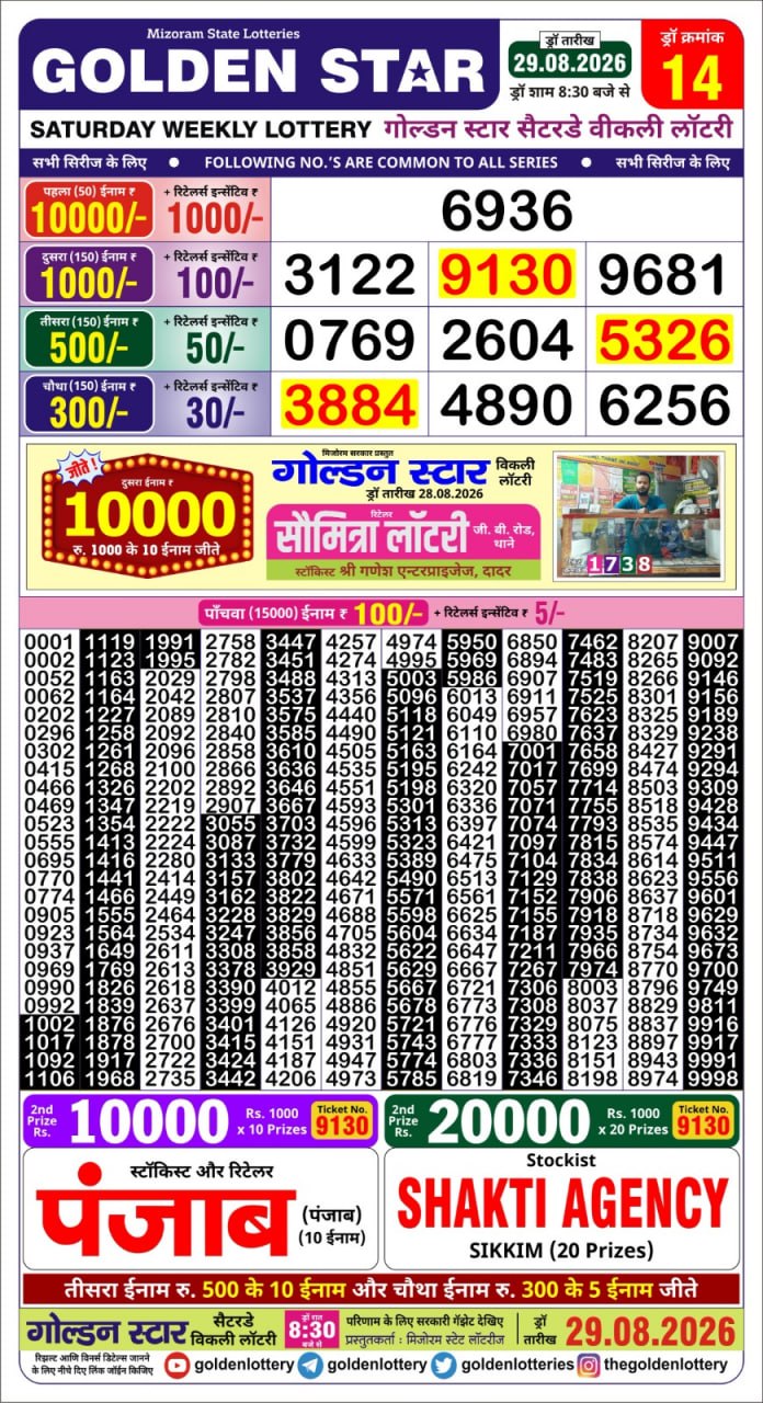 Golden Star Weekly Lottery Result 8:30PM 29.08.2026