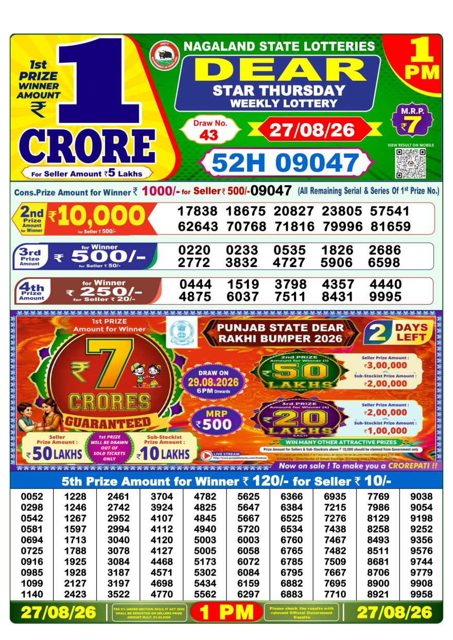Dear Star Thursday Weekly 1pm Result 27.08.2026