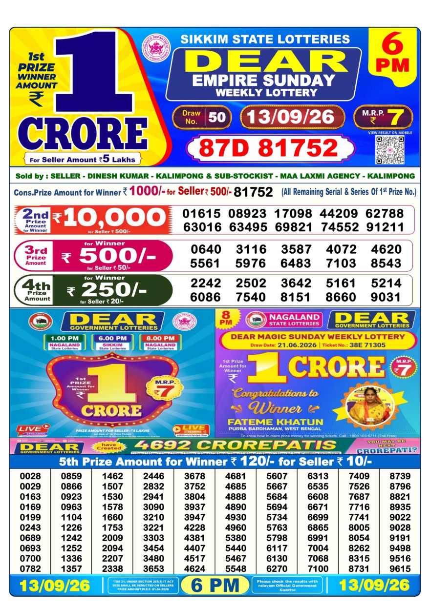 Dear Empire Sunday Weekly 6pm Result 13.09.2026