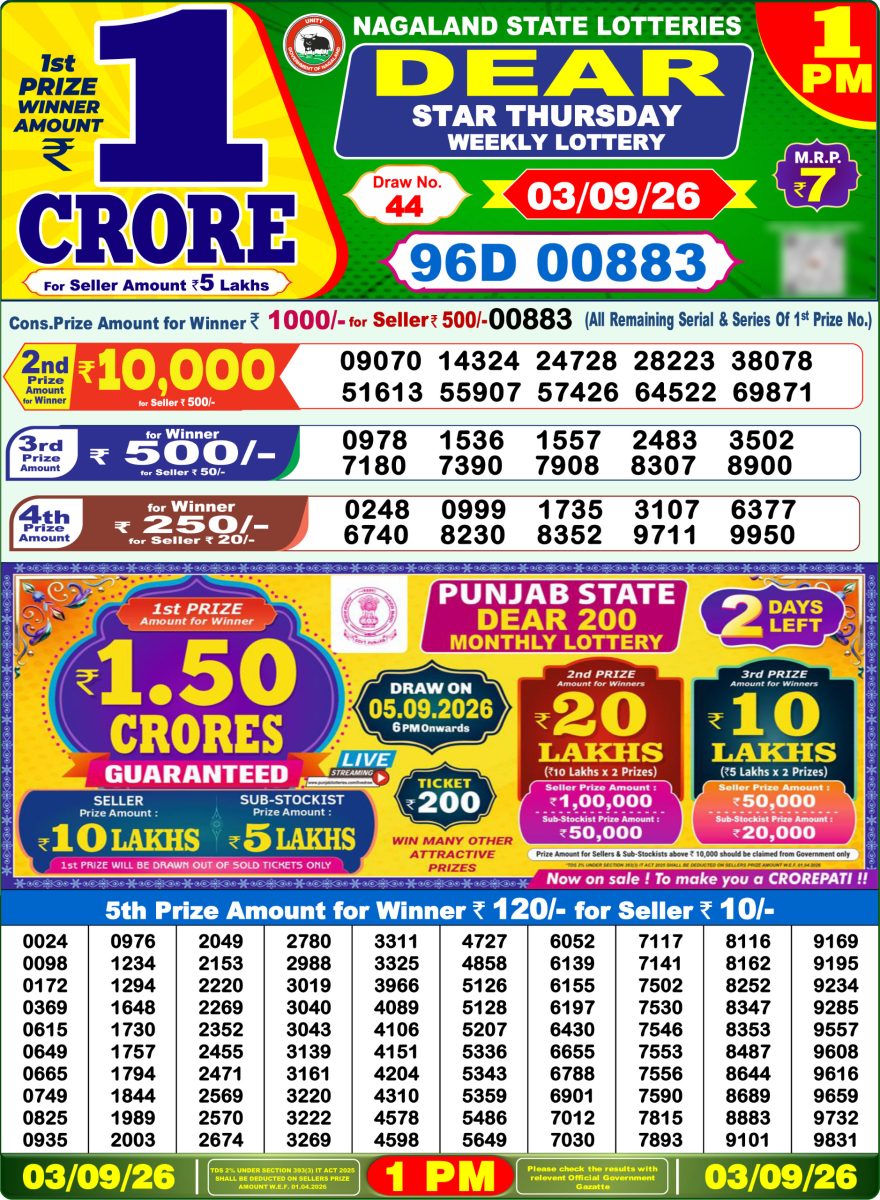 Dear Star Thursday Weekly 1pm Result 03.09.2026