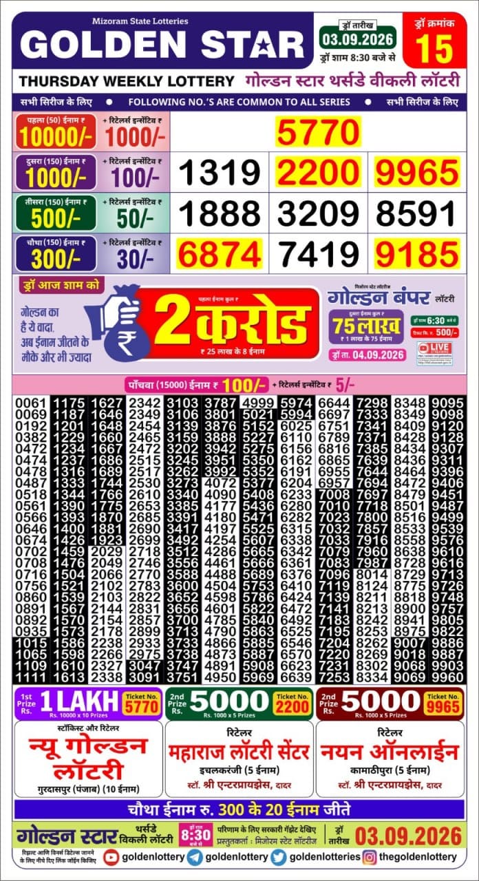 Golden Star Weekly Lottery Result 8:30PM 03.09.2026