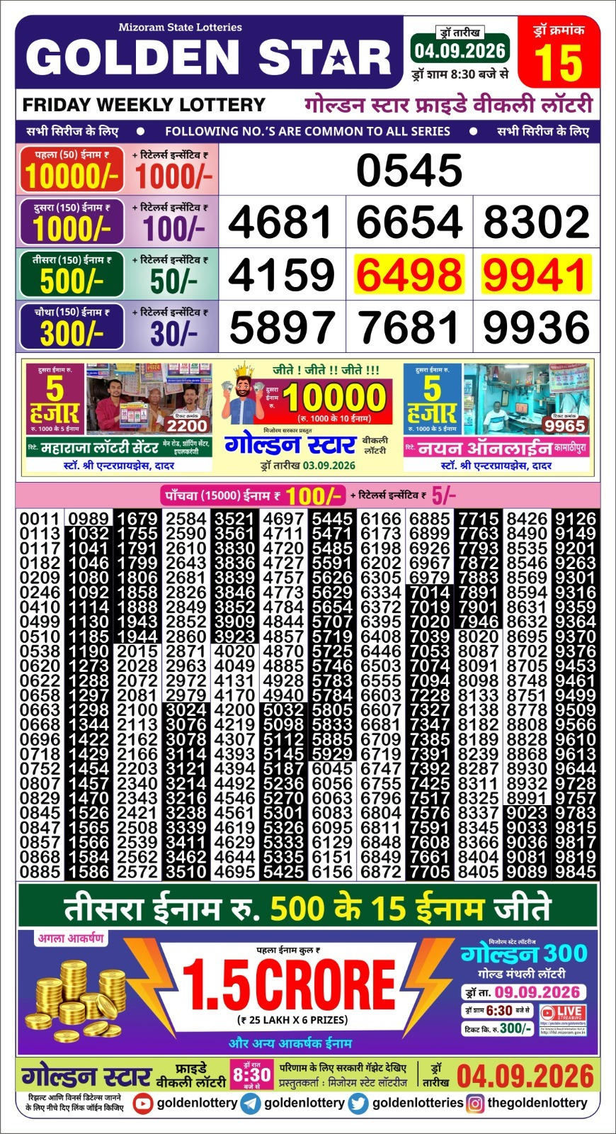 Golden Star Weekly Lottery Result 8:30PM 04.09.2026
