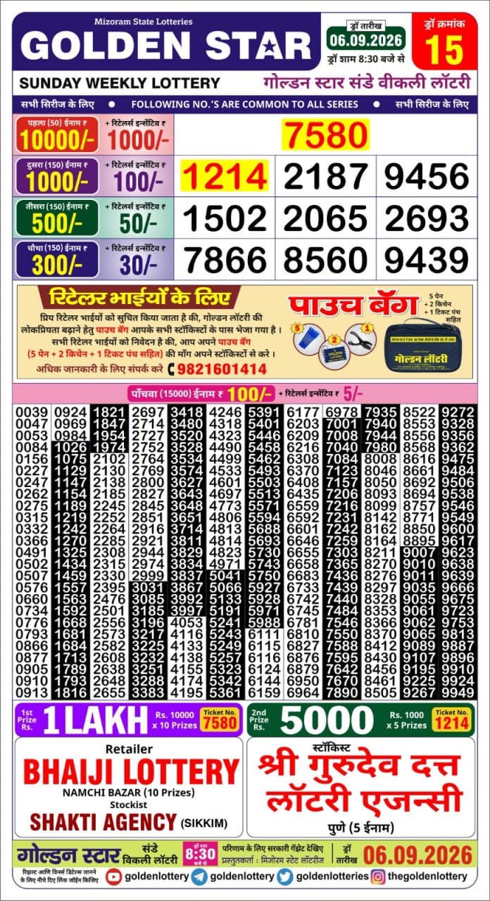 Golden Star Weekly Lottery Result 8:30PM 06.09.2026