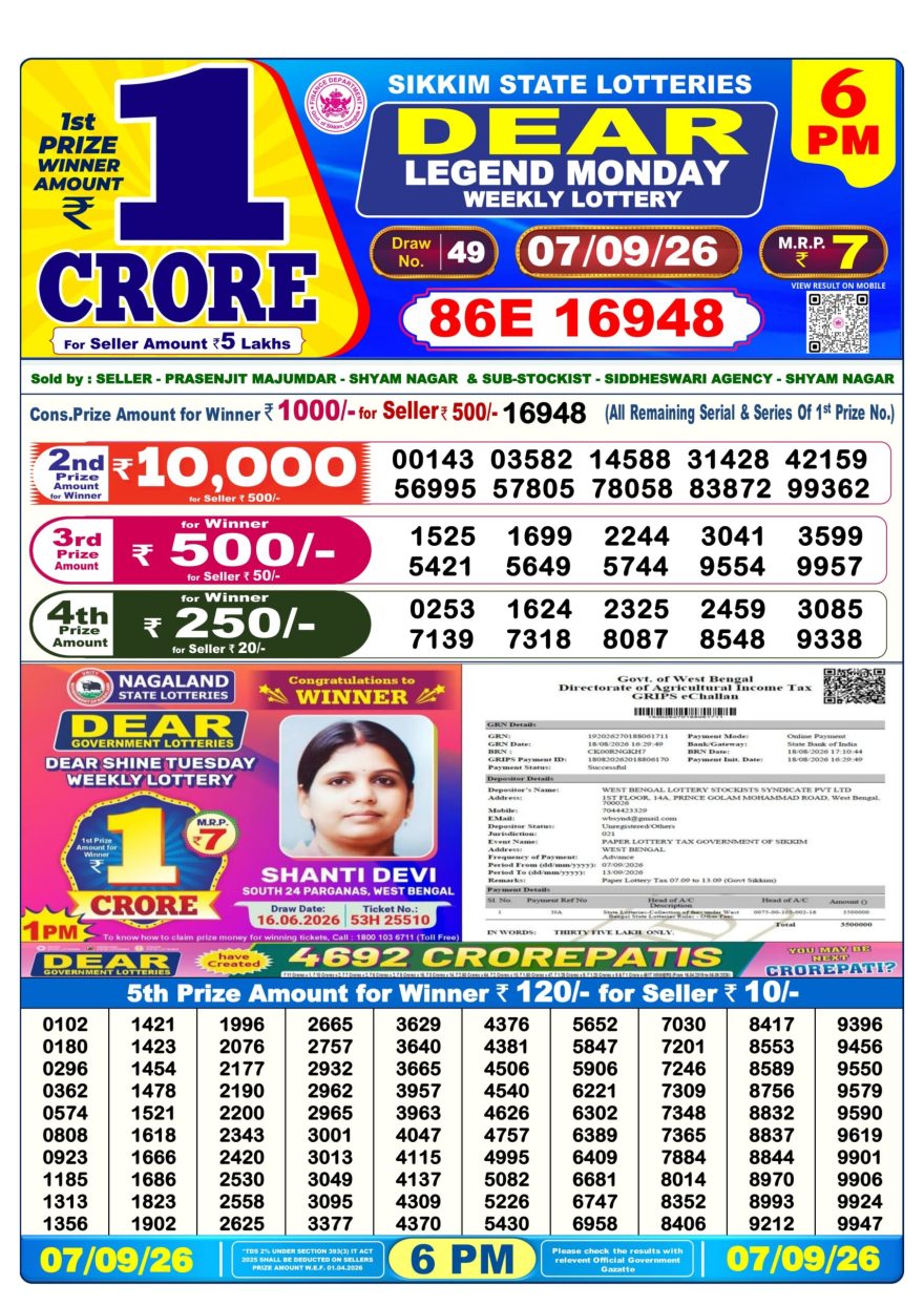 Dear Legend Monday Weekly 6pm Result 07.09.2026