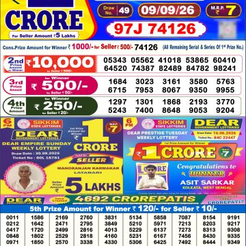 Dear Regal Wednesday Weekly Lottery 6pm Result 09.09.2026