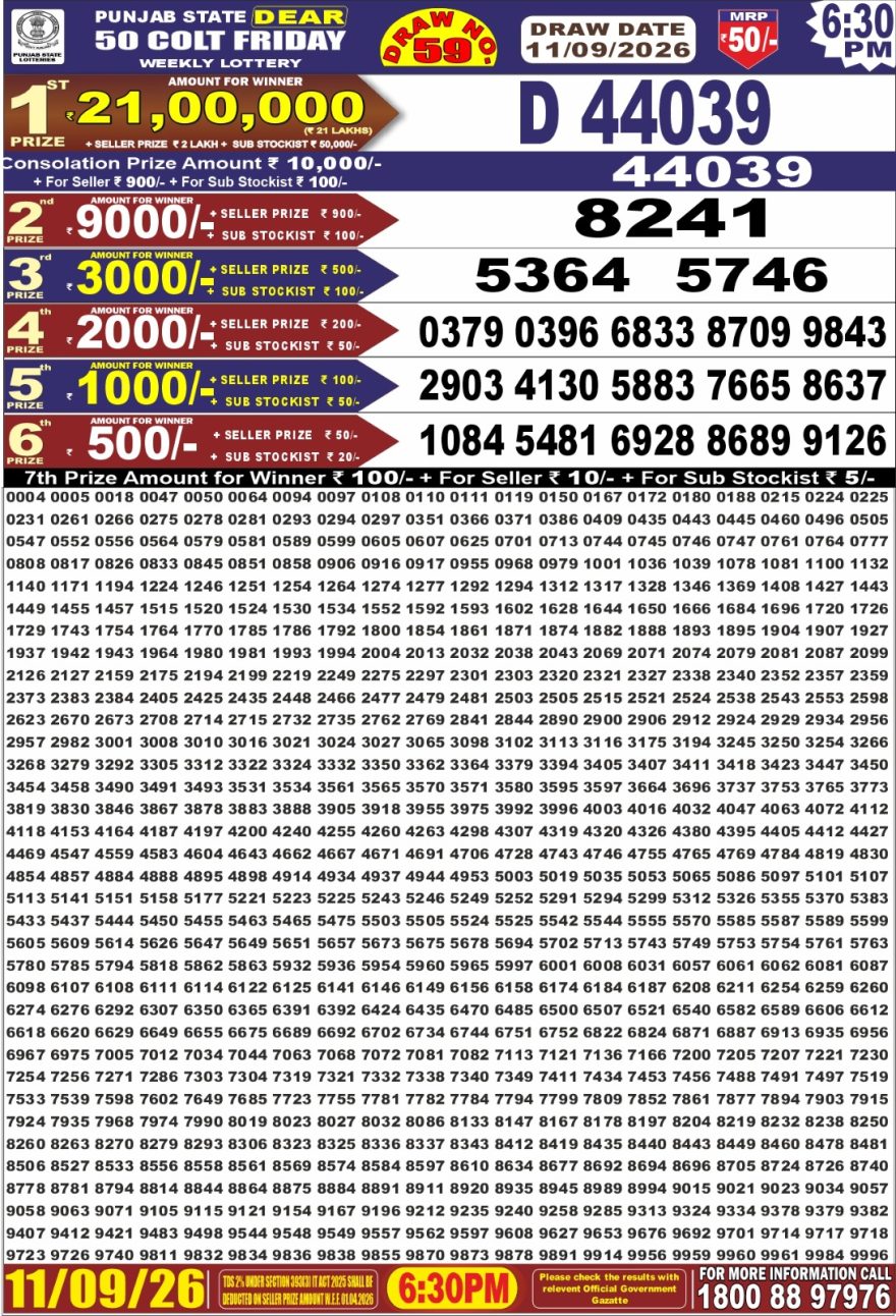 Punjab State Dear 50 6:30pm Lottery Result 11.09.2026