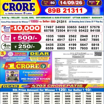 Dear Legend Monday Weekly 6pm Result 14.09.2026
