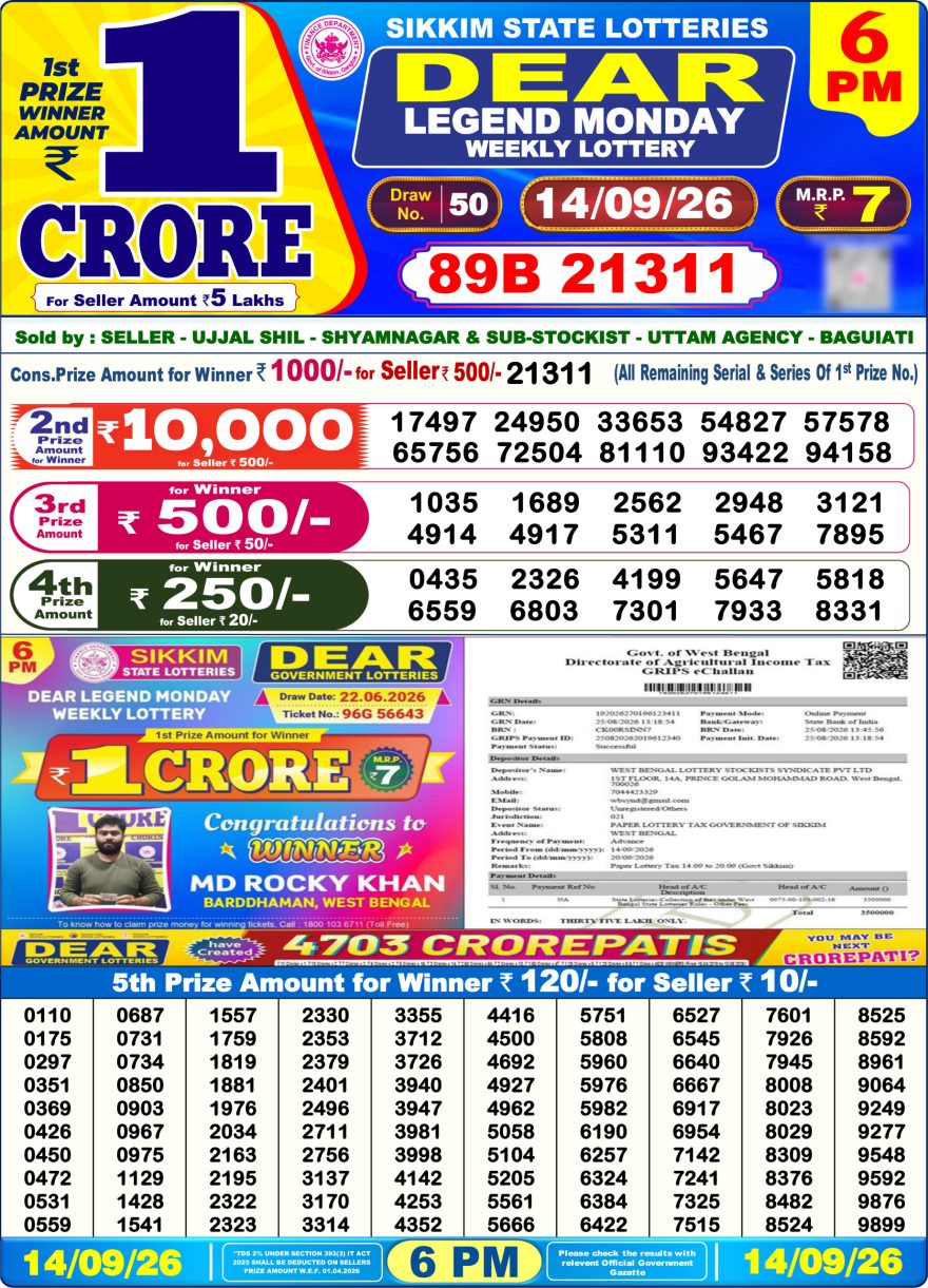 Dear Legend Monday Weekly 6pm Result 14.09.2026