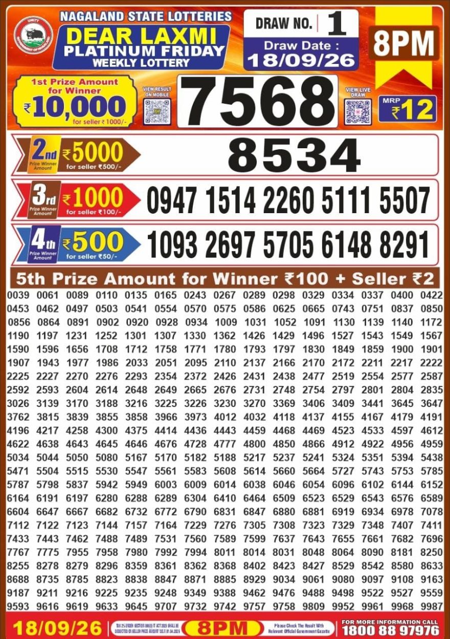 Dear Laxmi Platinum Weekly 8pm Result 19.09.2026