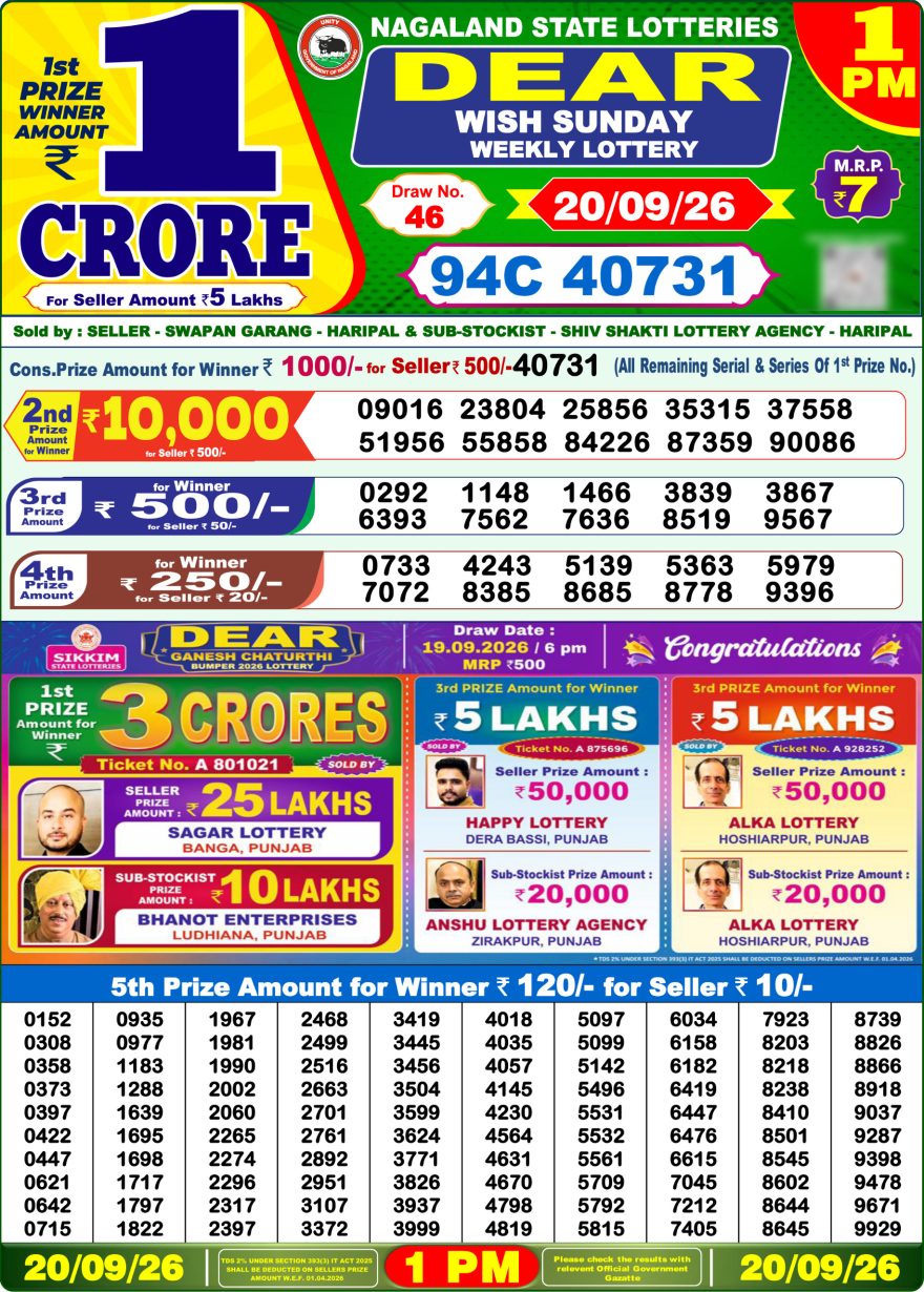 Dear Wish Sunday Weekly 1pm Result 20.09.2026