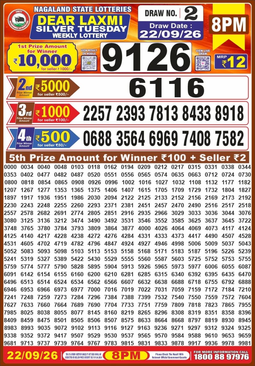 Dear Laxmi Silver Weekly 8pm Result 22.09.2026